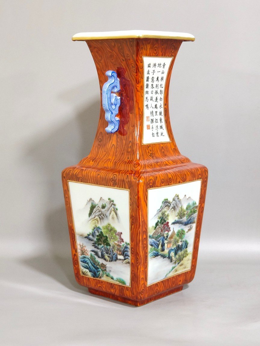 Qing Dynasty Qianlong wood grain glazed windowed landscape square amphora