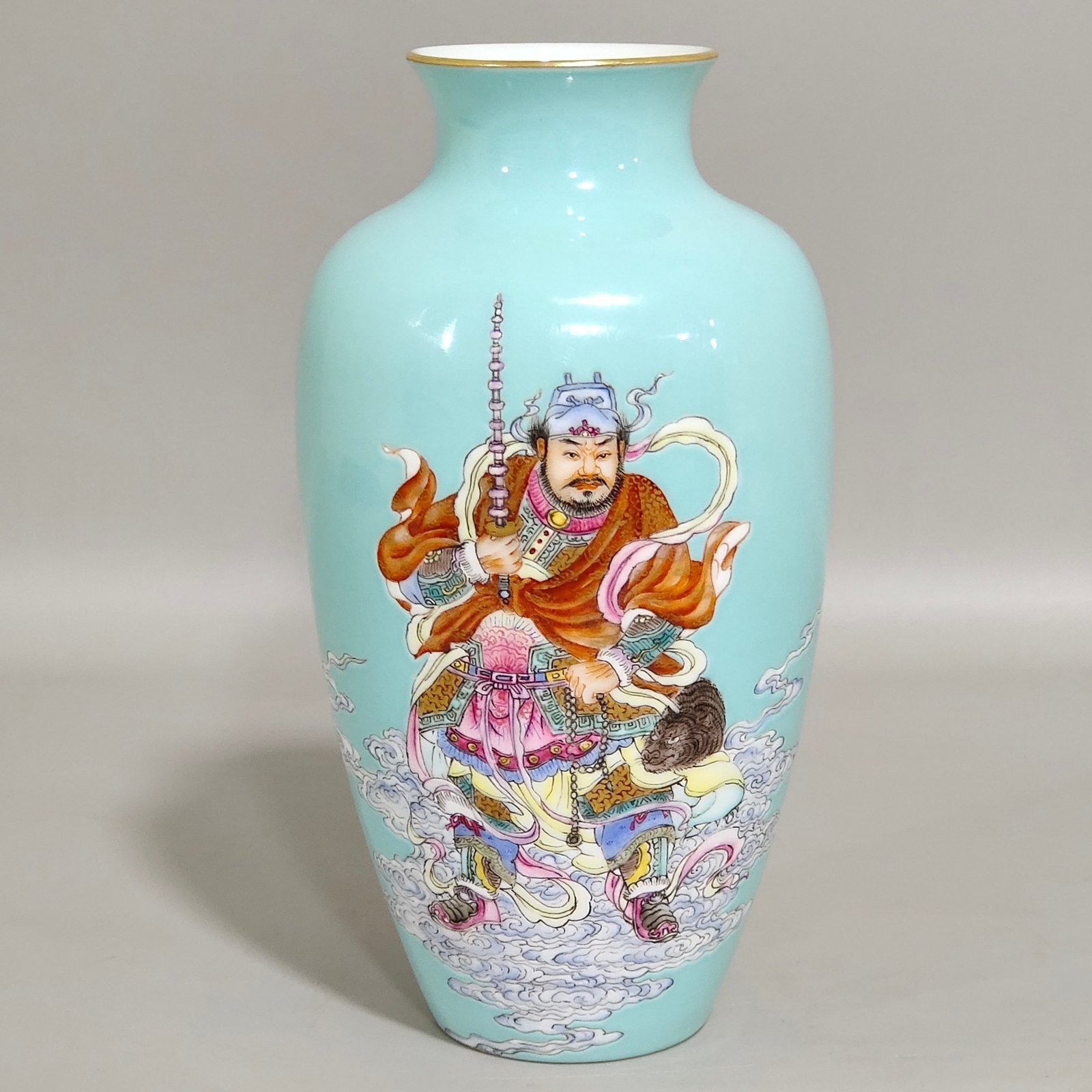 Qing Dynasty Qianlong turquoise green thin vase with characters