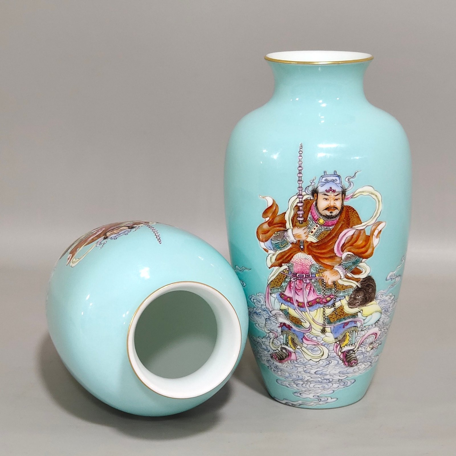 Qing Dynasty Qianlong turquoise green thin vase with characters