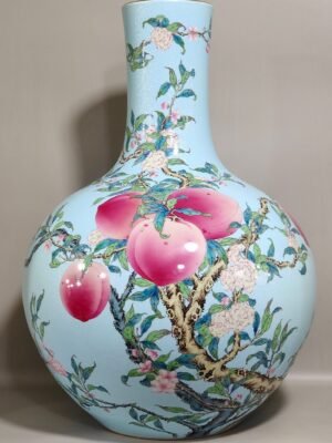 Qing Dynasty Qianlong turquoise green flowered Five Blessings and Nine Peach Celestial Ball Vase
