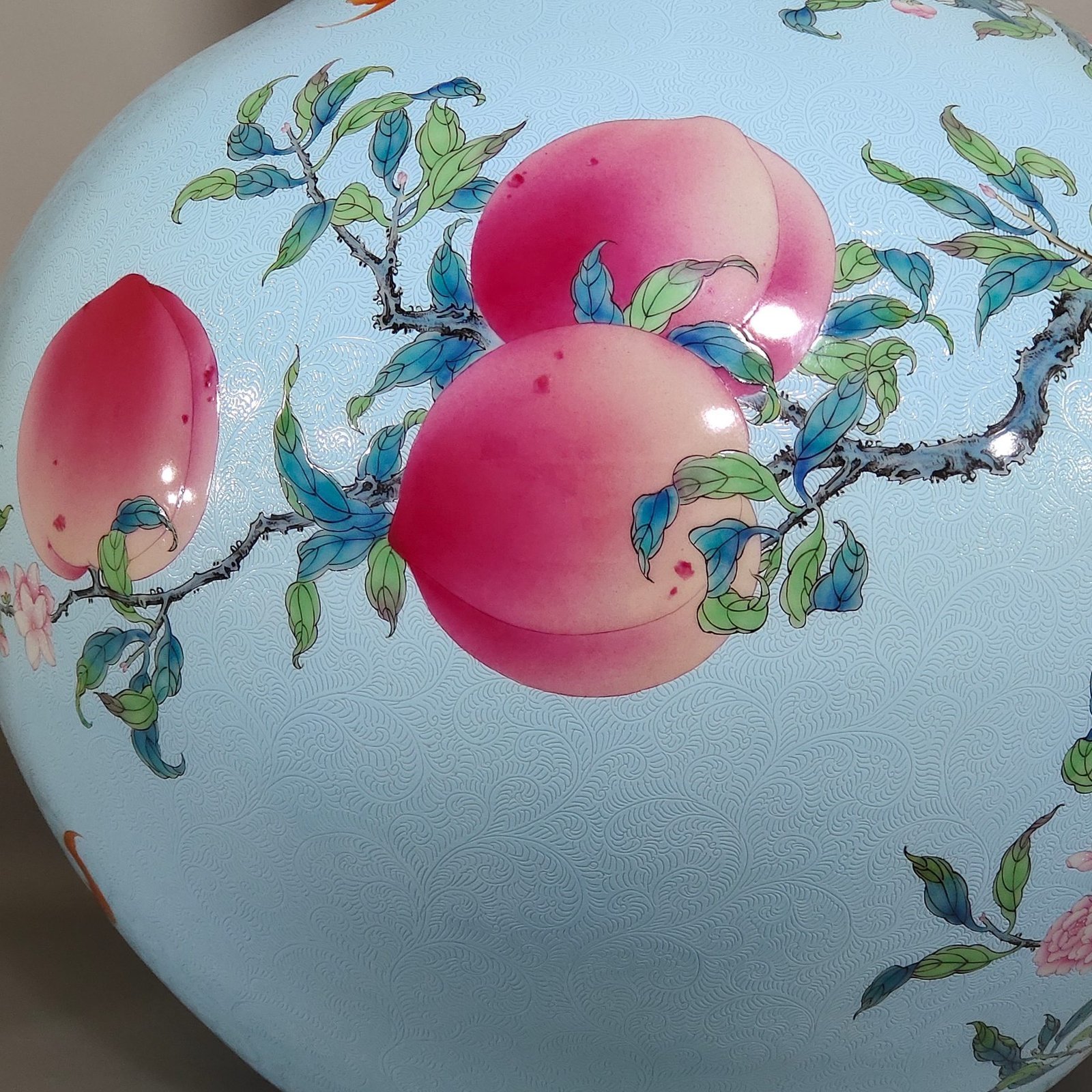 Qing Dynasty Qianlong turquoise green flowered Five Blessings and Nine Peach Celestial Ball Vase
