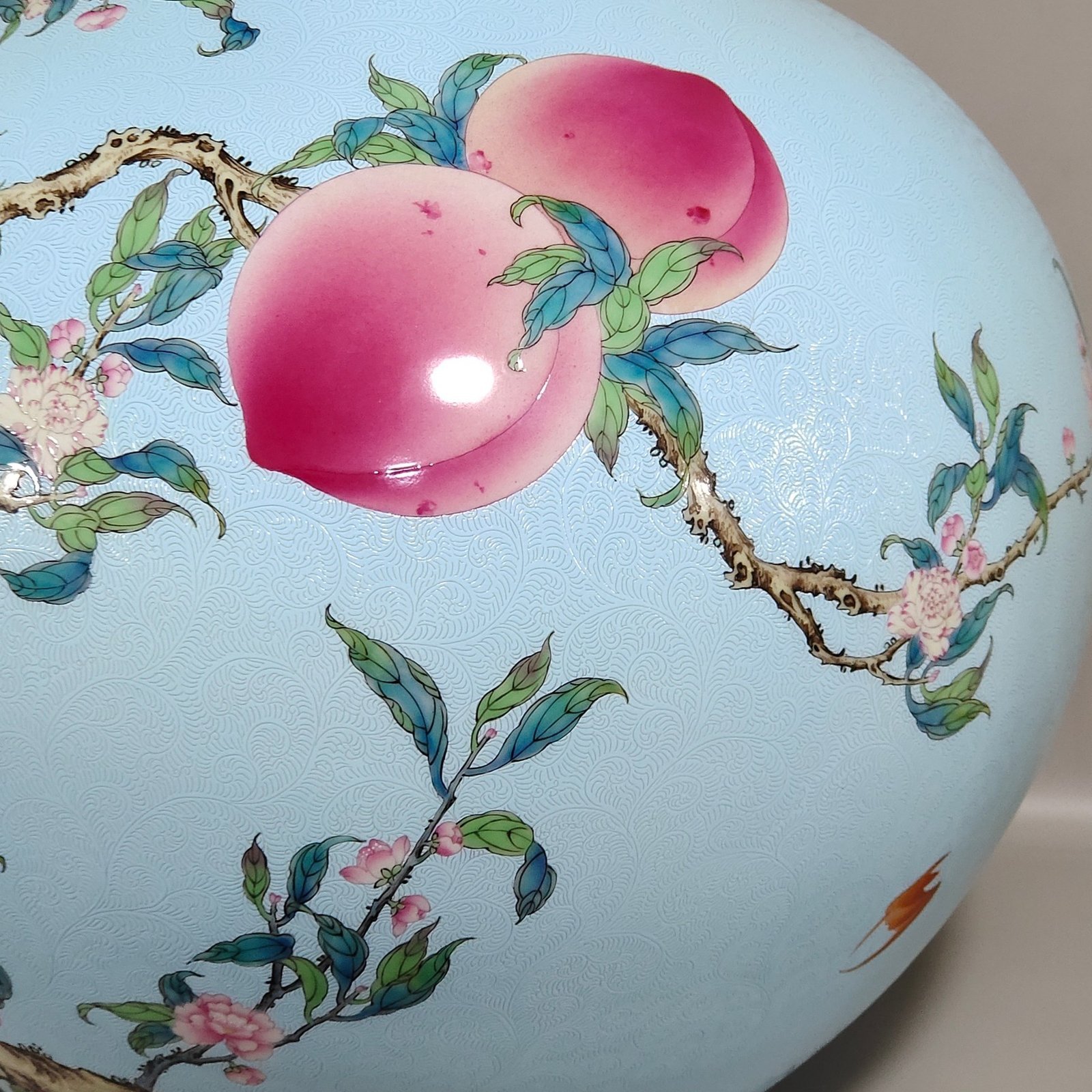 Qing Dynasty Qianlong turquoise green flowered Five Blessings and Nine Peach Celestial Ball Vase