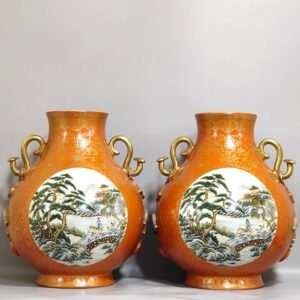Qing Dynasty Qianlong a pair of coral-red and gold-painted window