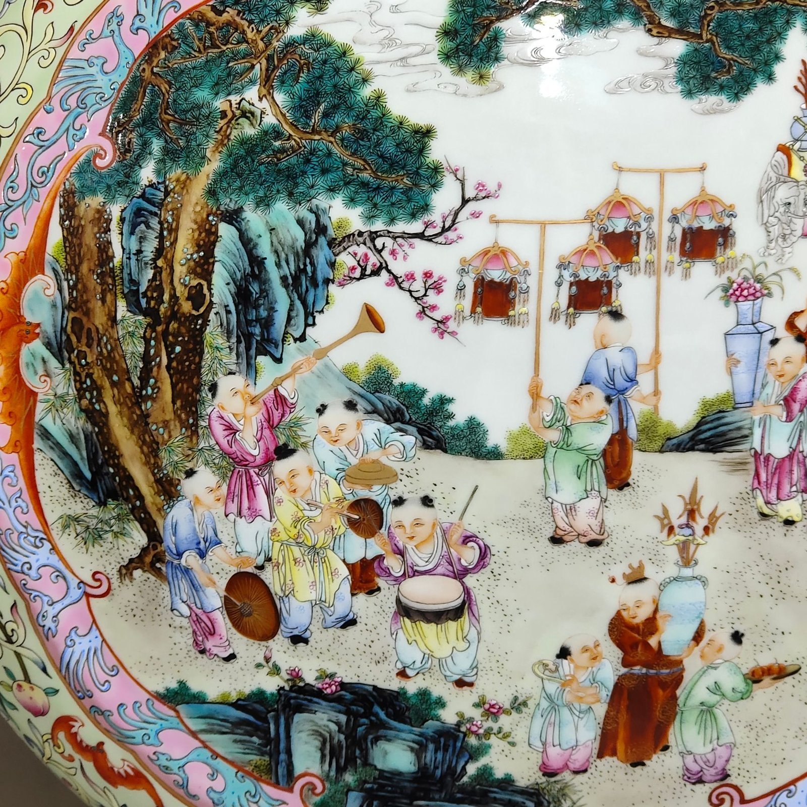 Qing Dynasty Qianlong Greenland Fushou Longevity Large Flat Vase