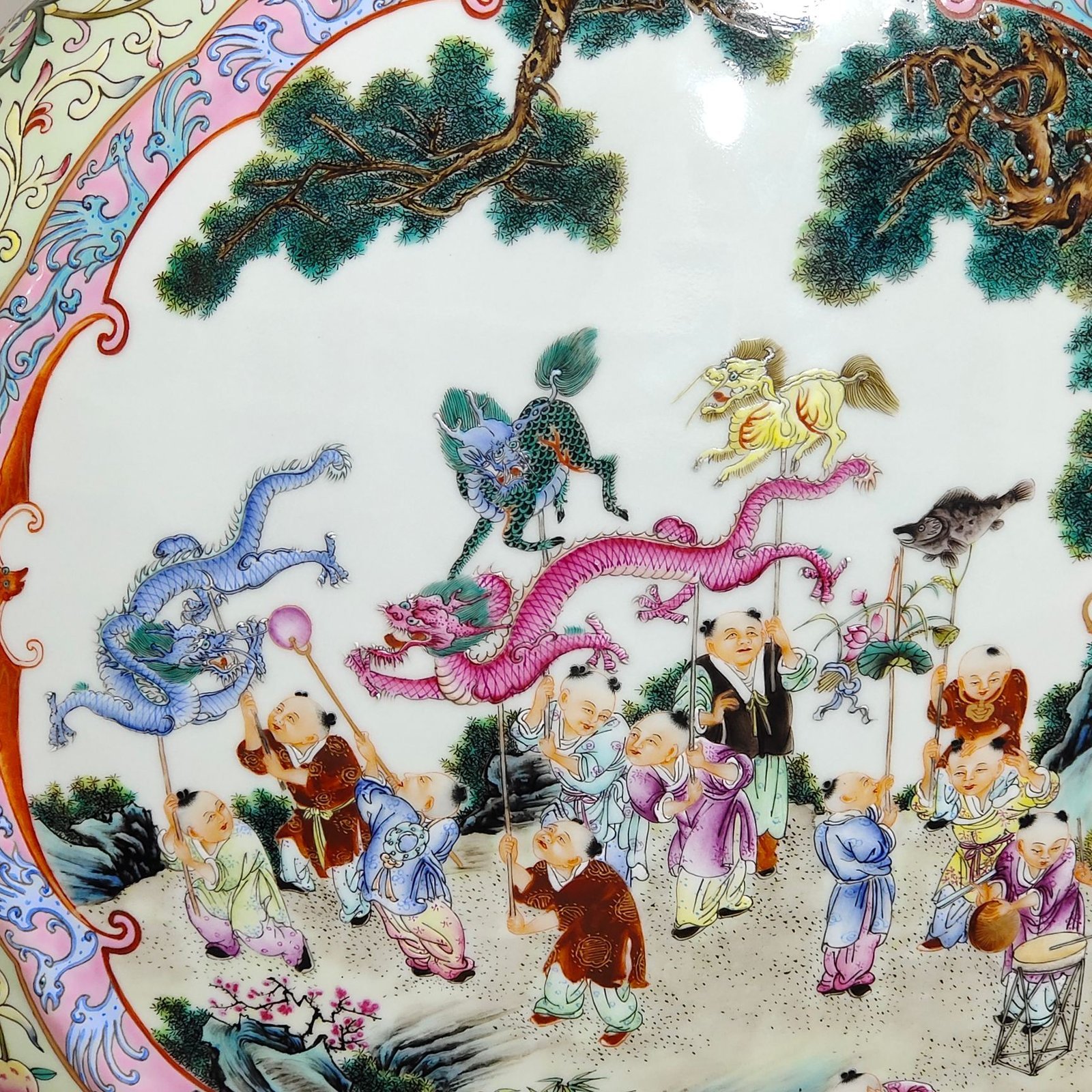 Qing Dynasty Qianlong Greenland Fushou Longevity Large Flat Vase