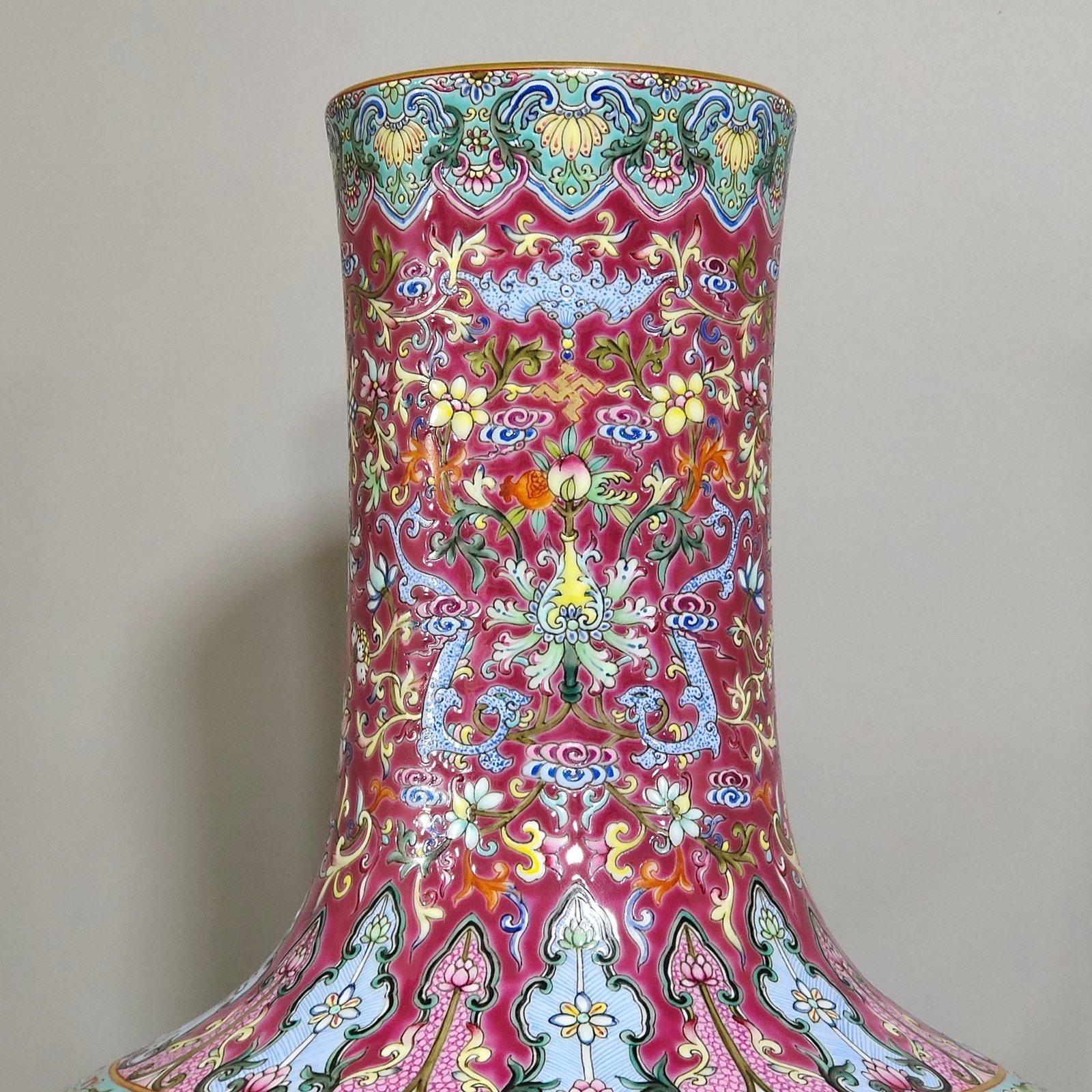 Qing Dynasty Qianlong rouge red ground blessing and longevity celestial vase