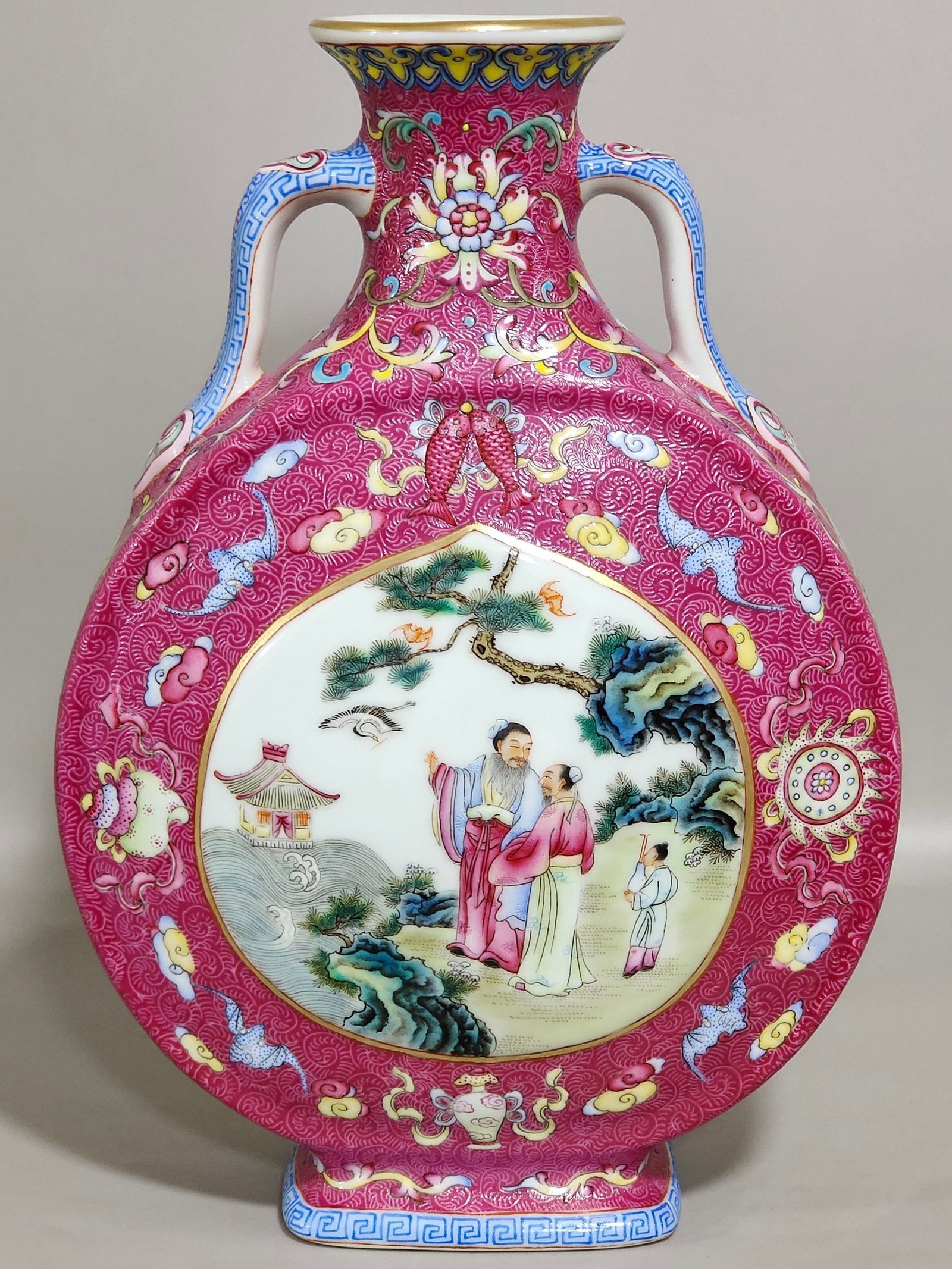 Qing Dynasty Qianlong a rouge-red embroidered eight-treasure pattern window-shaped figure and story