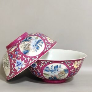 Qing Dynasty Qianlong rouge red grilled bowl with window and ink color landscape