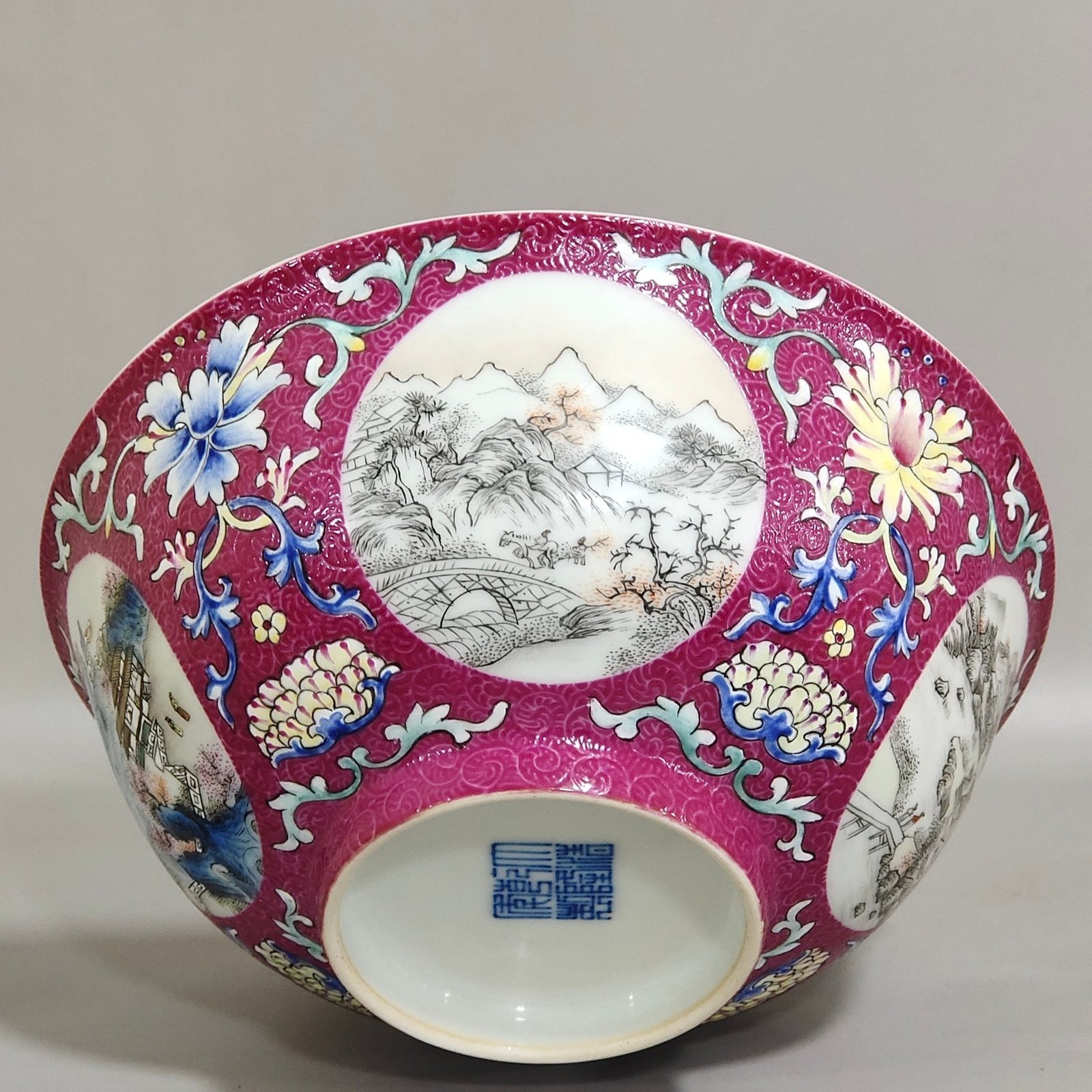 Qing Dynasty Qianlong rouge red grilled bowl with window and ink color landscape