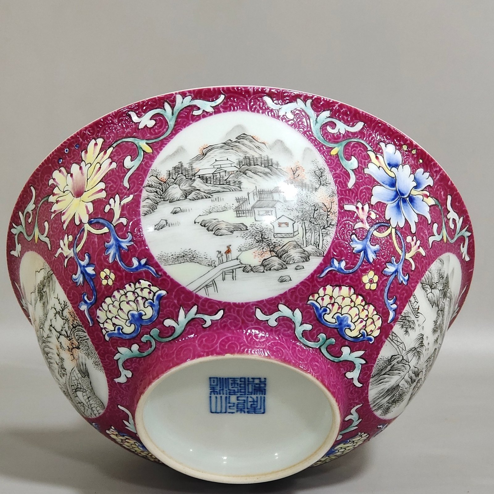Qing Dynasty Qianlong rouge red grilled bowl with window and ink color landscape