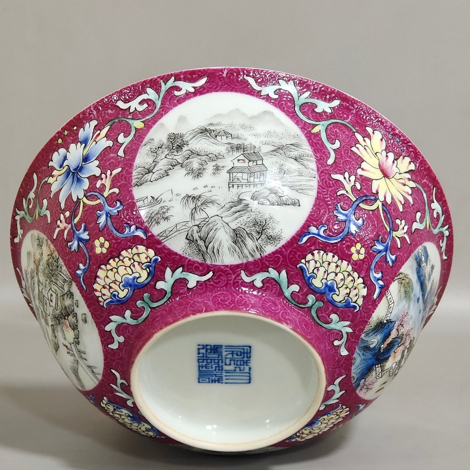 Qing Dynasty Qianlong rouge red grilled bowl with window and ink color landscape