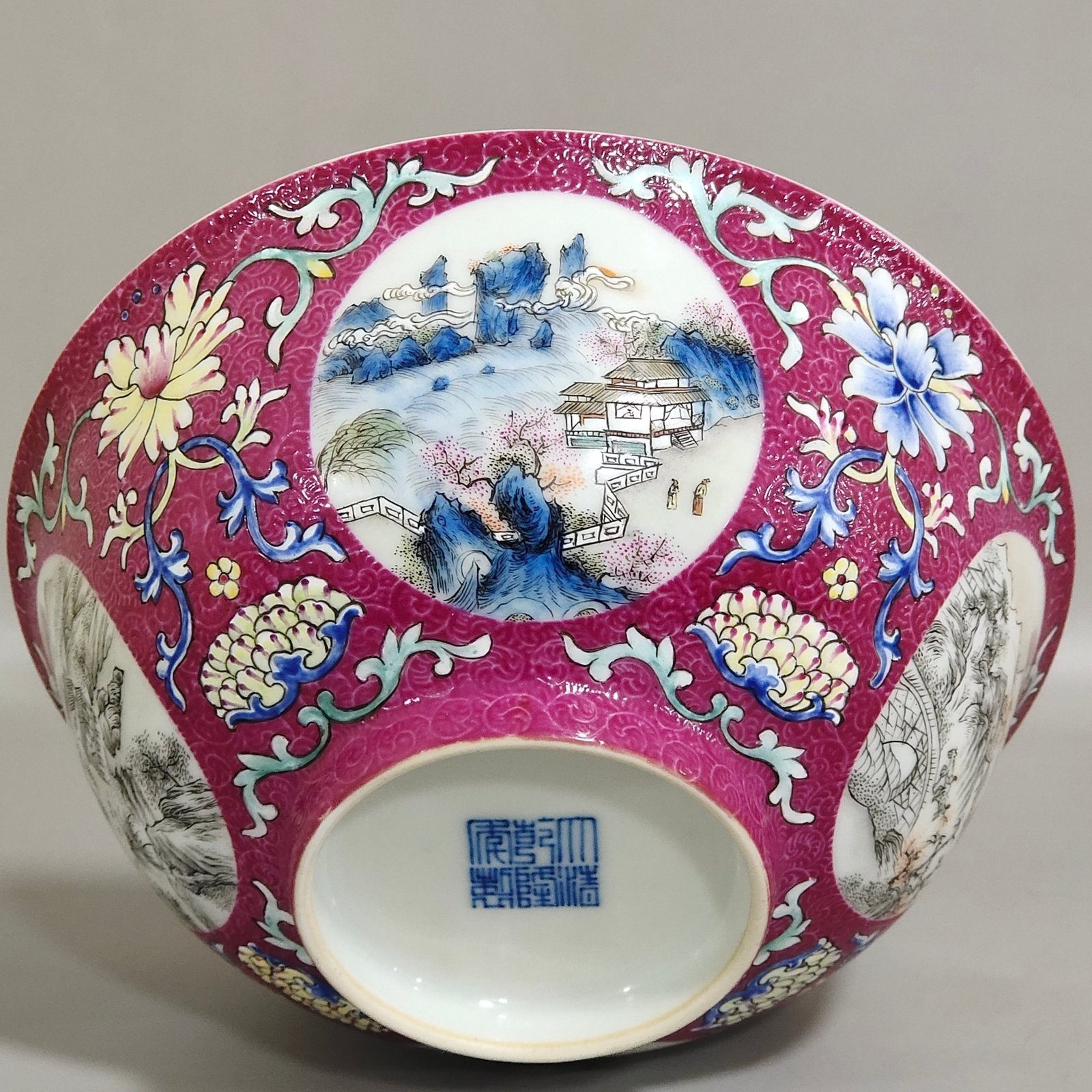 Qing Dynasty Qianlong rouge red grilled bowl with window and ink color landscape