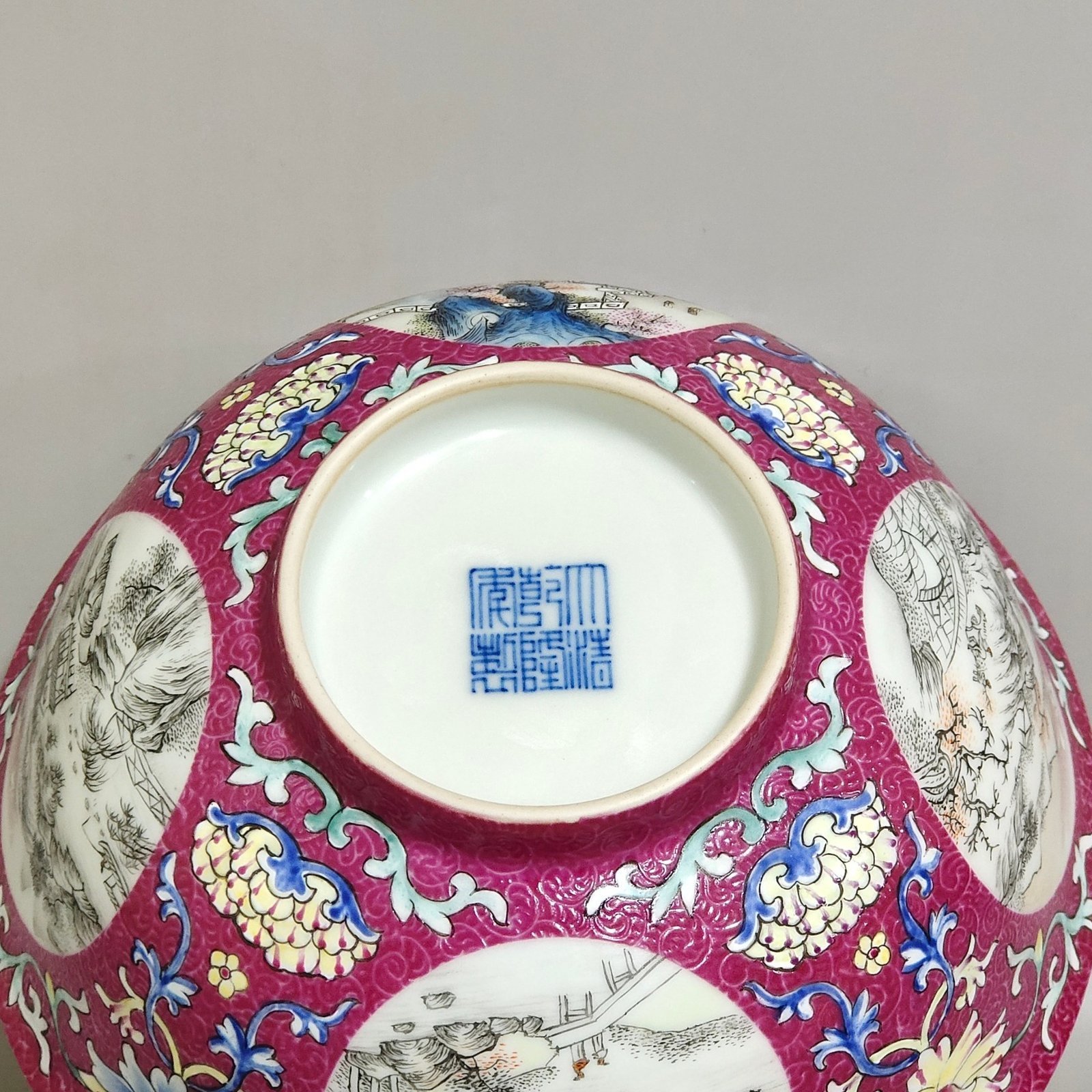 Qing Dynasty Qianlong rouge red grilled bowl with window and ink color landscape