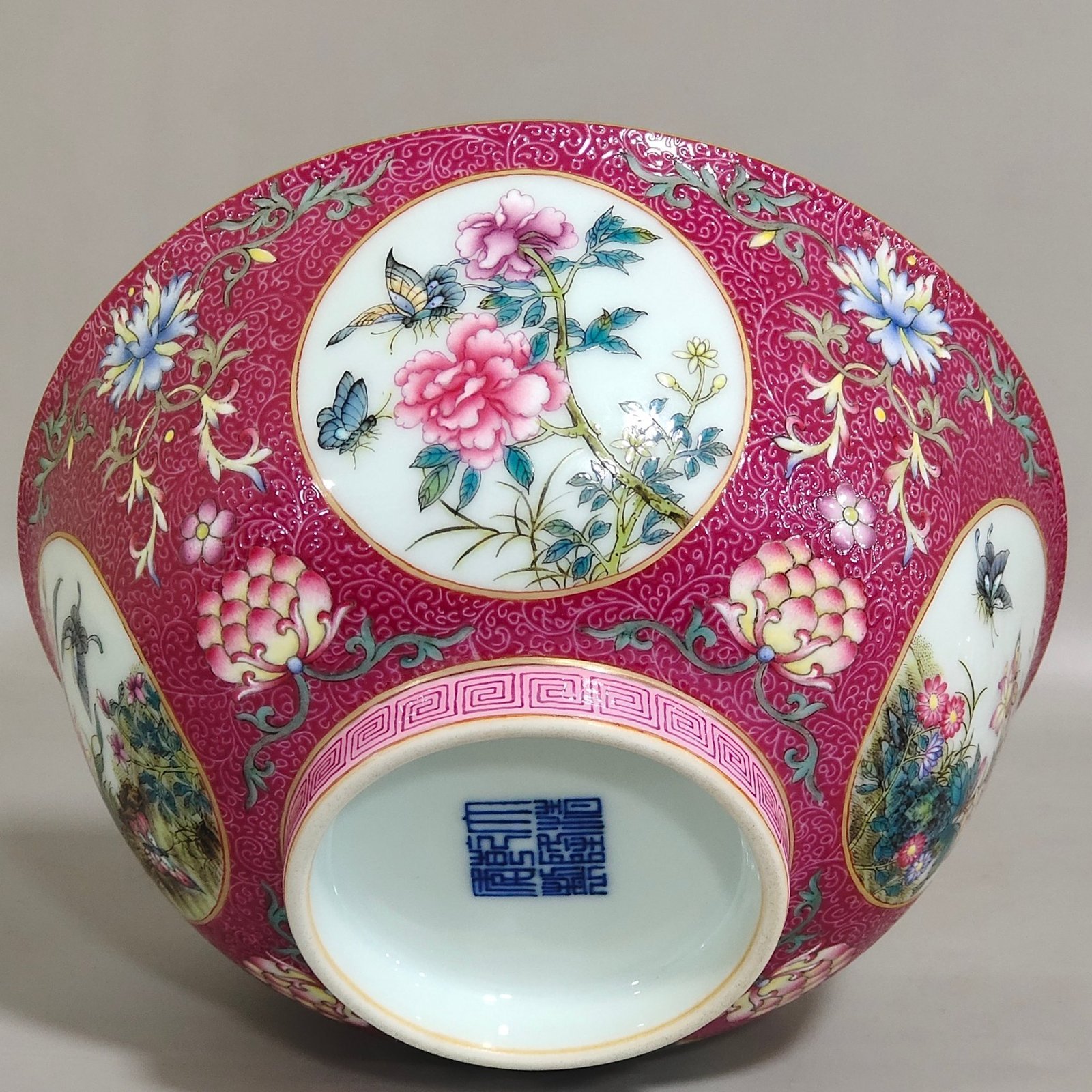Qing Dynasty Qianlong rouge red window flower butterfly bowl