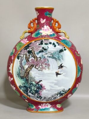 Qing Dynasty Qianlong rouge red grilled lotus window with pines and cranes holding the moon vase