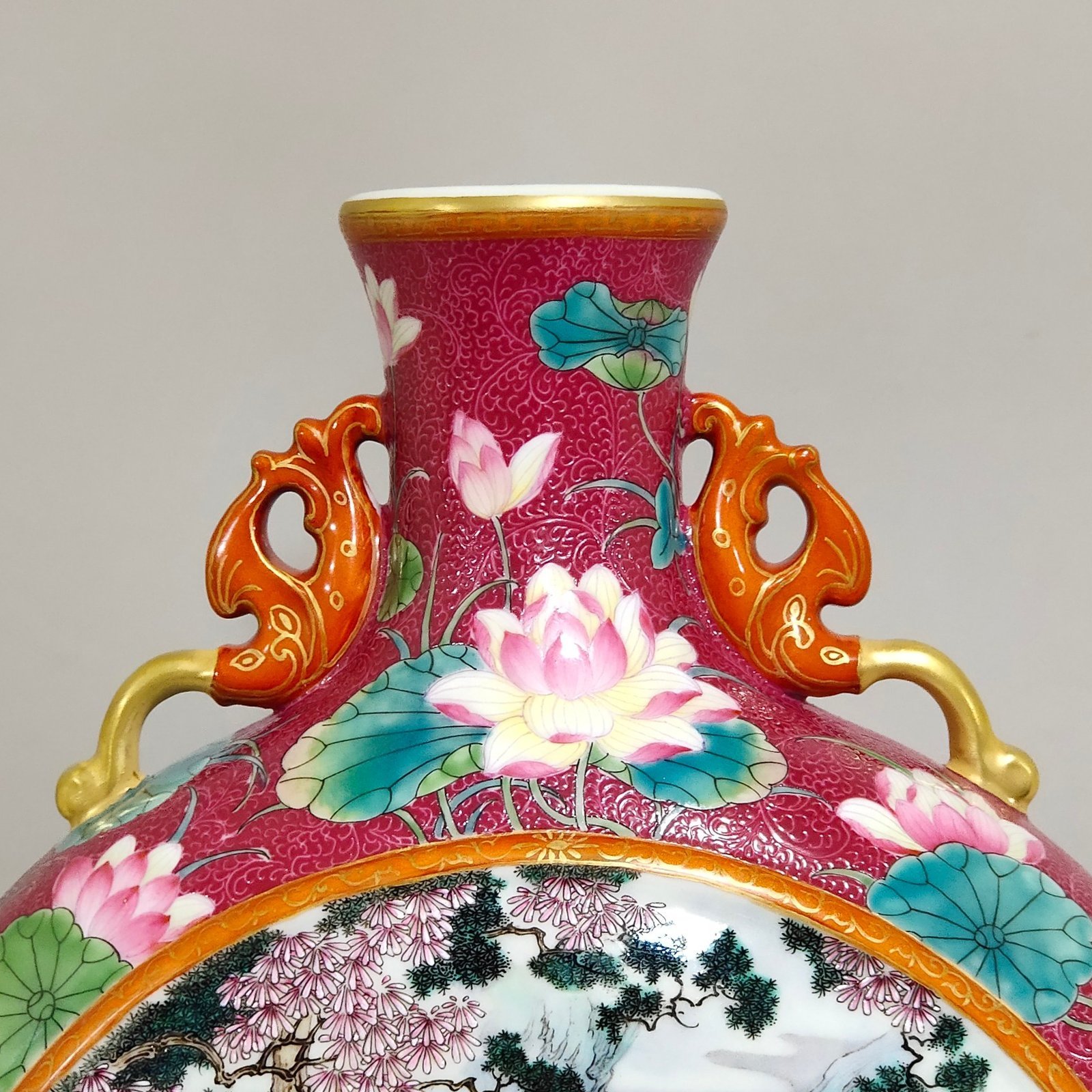 Qing Dynasty Qianlong rouge red grilled lotus window with pines and cranes holding the moon vase