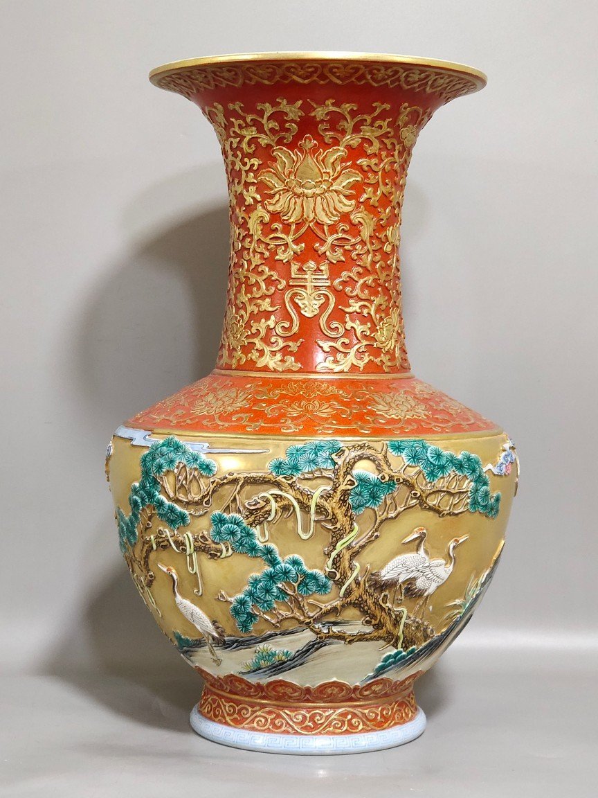 Qing Dynasty Qianlong golden ground carving of Songs Cranes and Flower Mushrooms