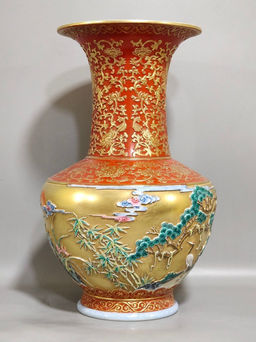 Qing Dynasty Qianlong golden ground carving of Songs Cranes and Flower Mushrooms