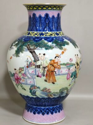 Qing Dynasty Qianlong blue and white and pastel figure boy vase