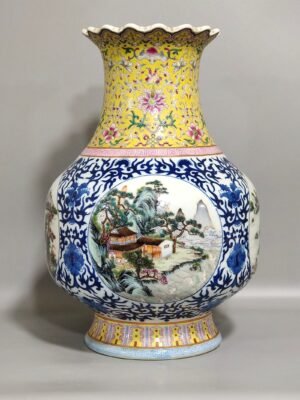 Qing Dynasty Qianlong yellow ground landscape statue with windows