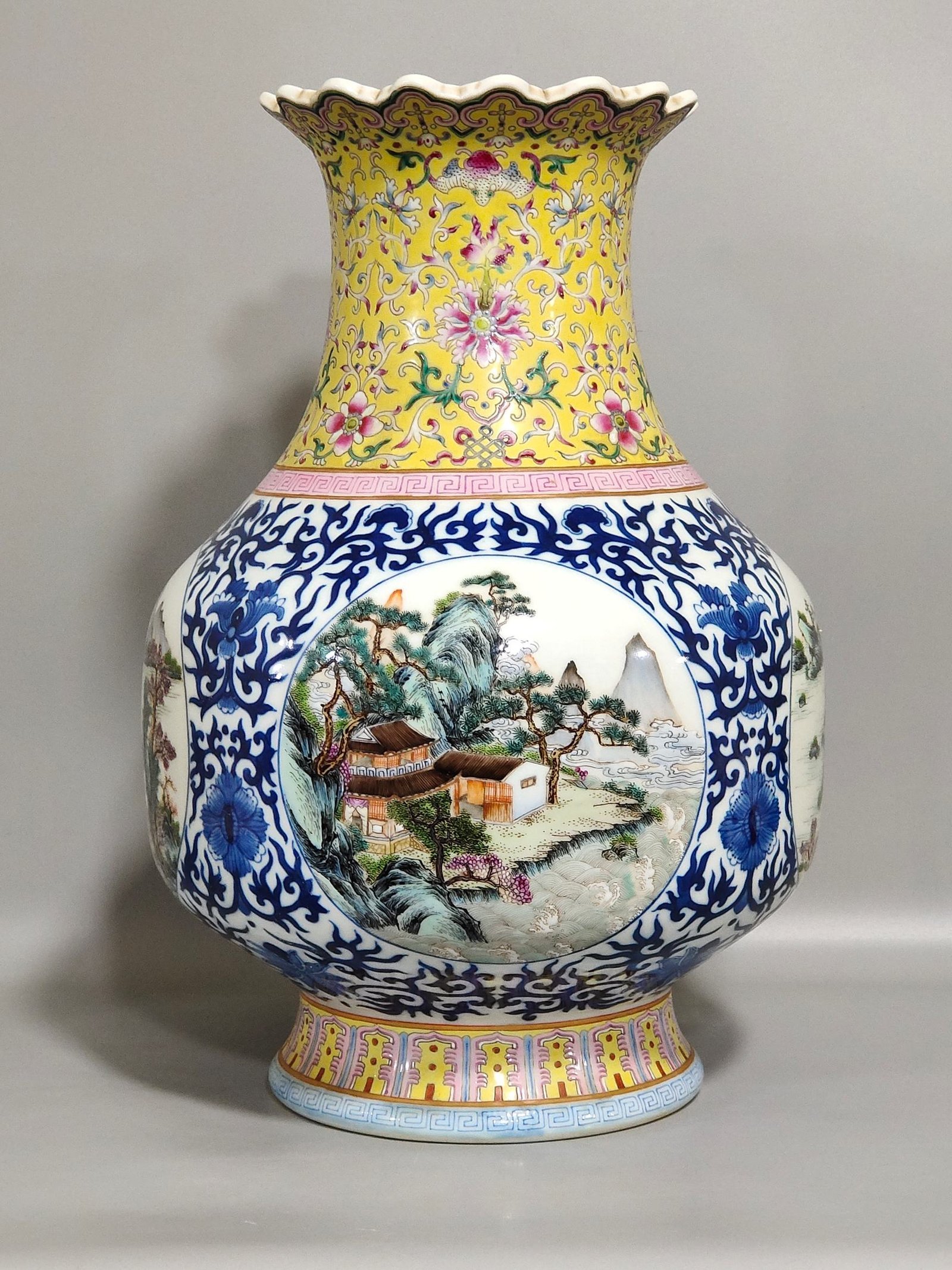 Qing Dynasty Qianlong yellow ground landscape statue with windows