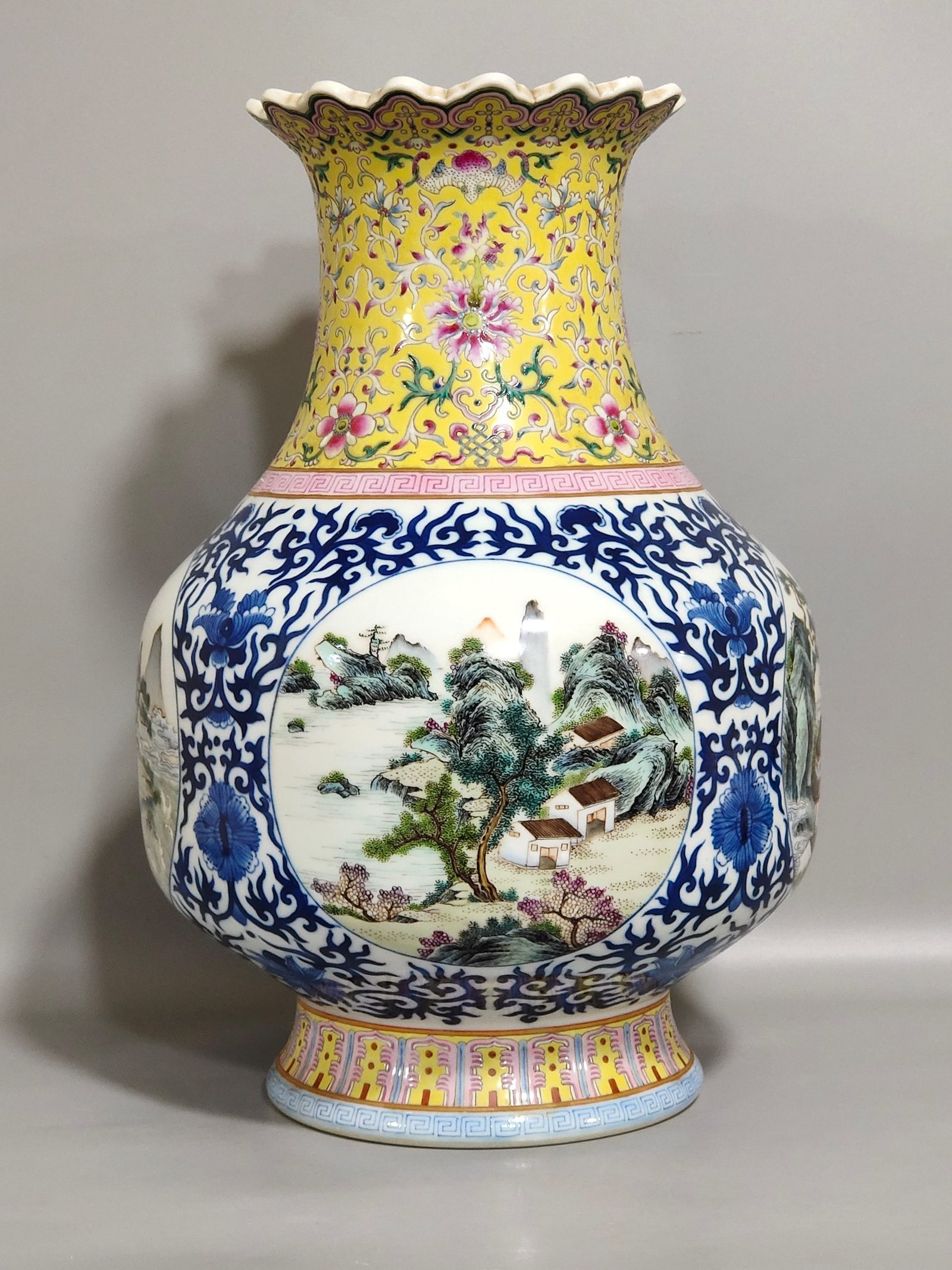 Qing Dynasty Qianlong yellow ground landscape statue with windows