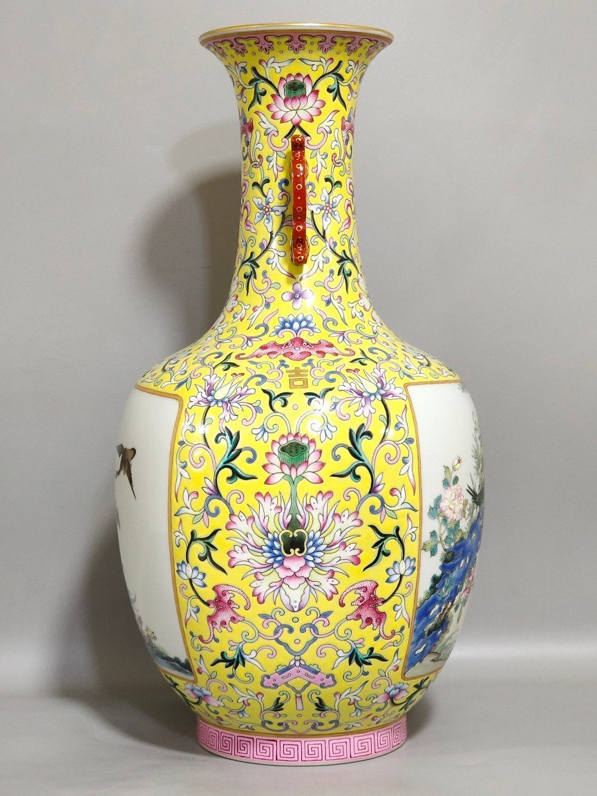 Qing Dynasty Qianlong yellow ground flower and bird amphorae with windows