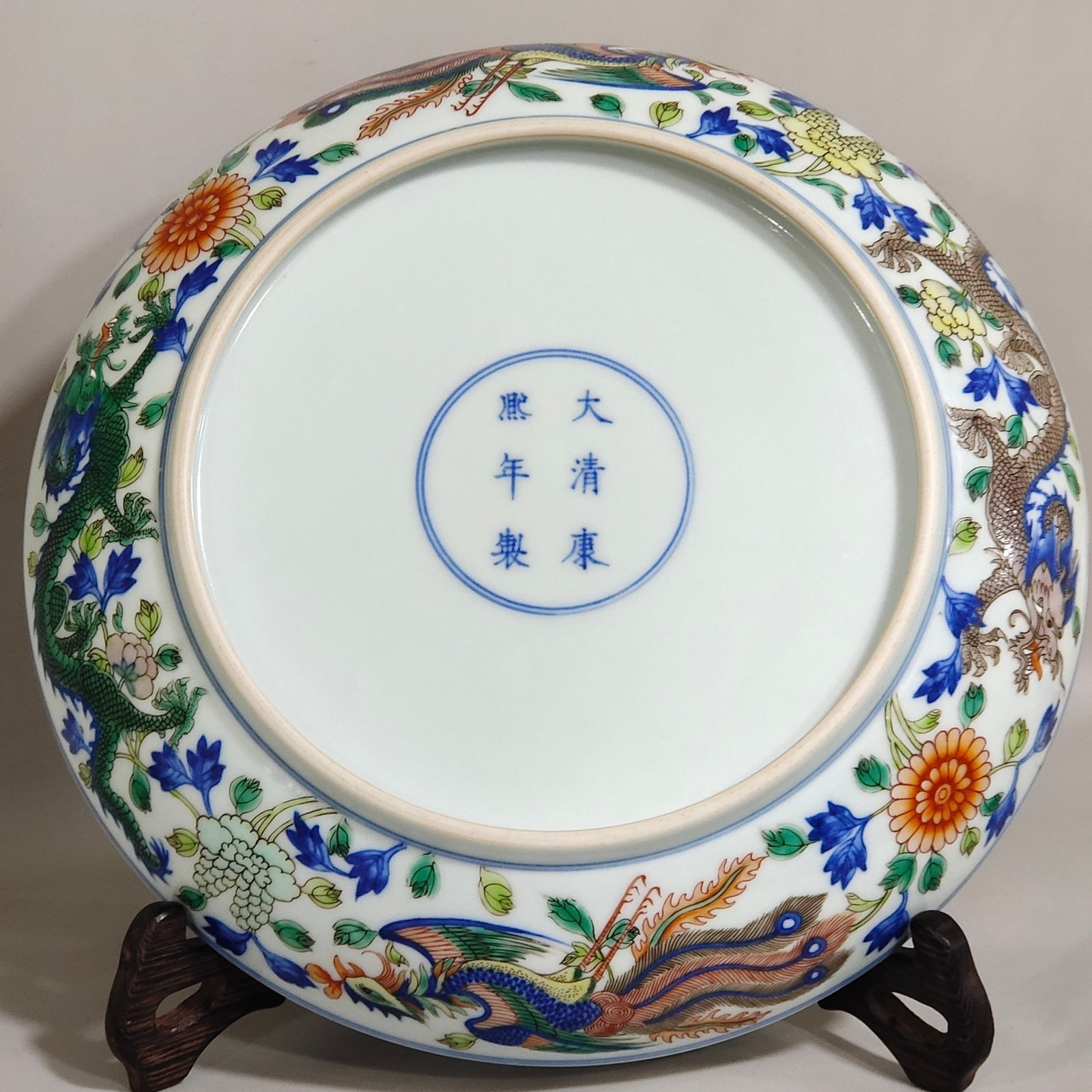 Qing Dynasty Kangxi color dragon and phoenix in auspicious disk
