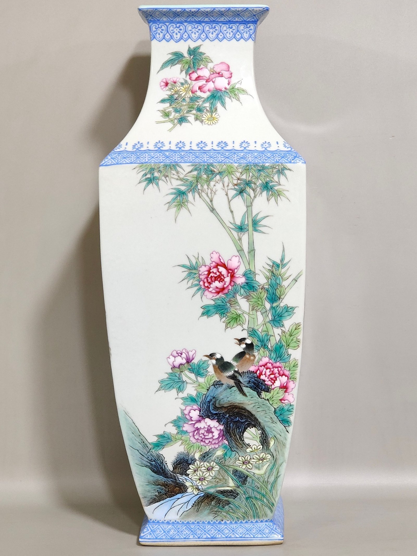 Qing Dynasty Yongzheng Four Seasons Flowers and Birds Square Vase with Green Edge