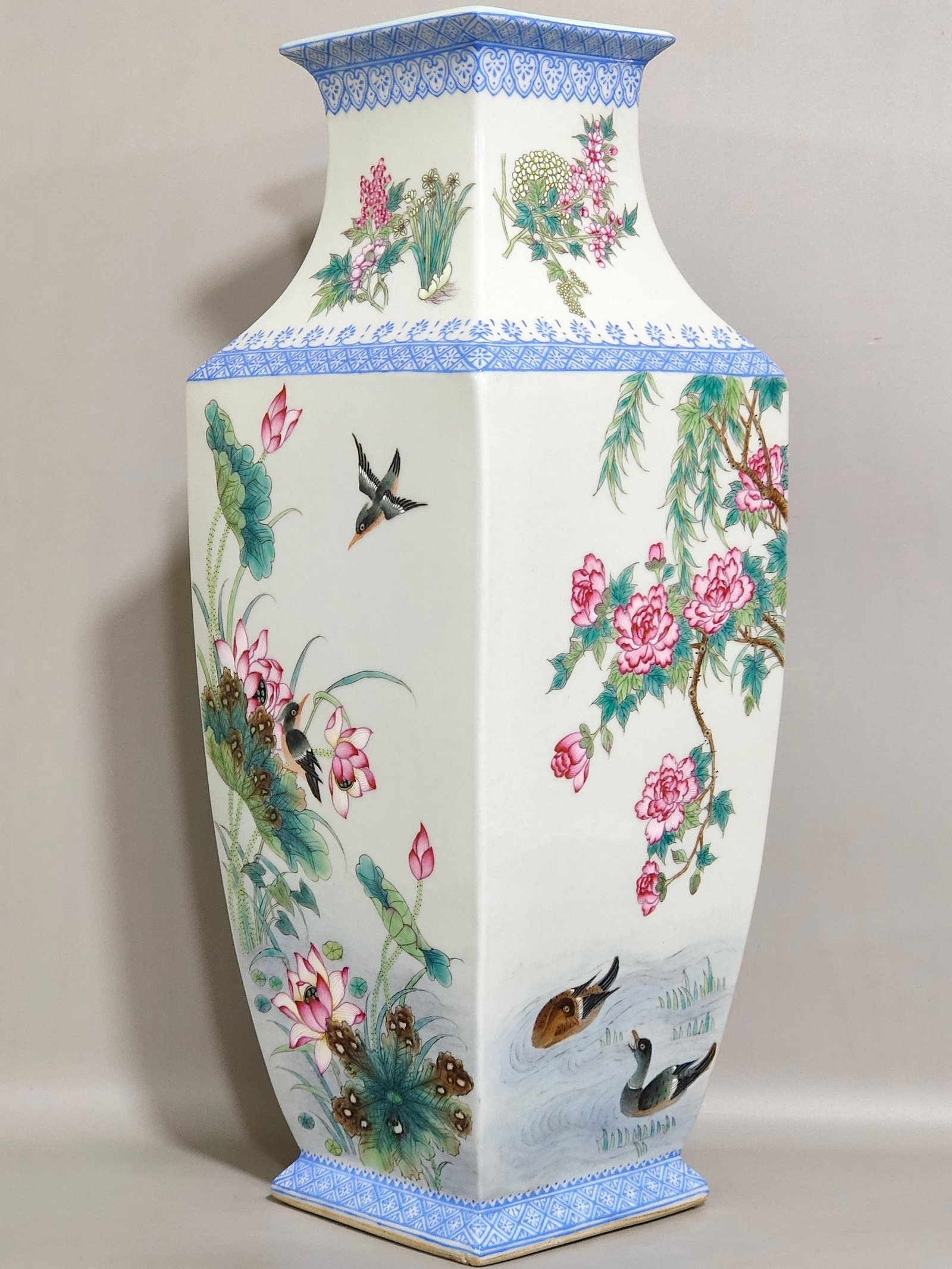 Qing Dynasty Yongzheng Four Seasons Flowers and Birds Square Vase with Green Edge