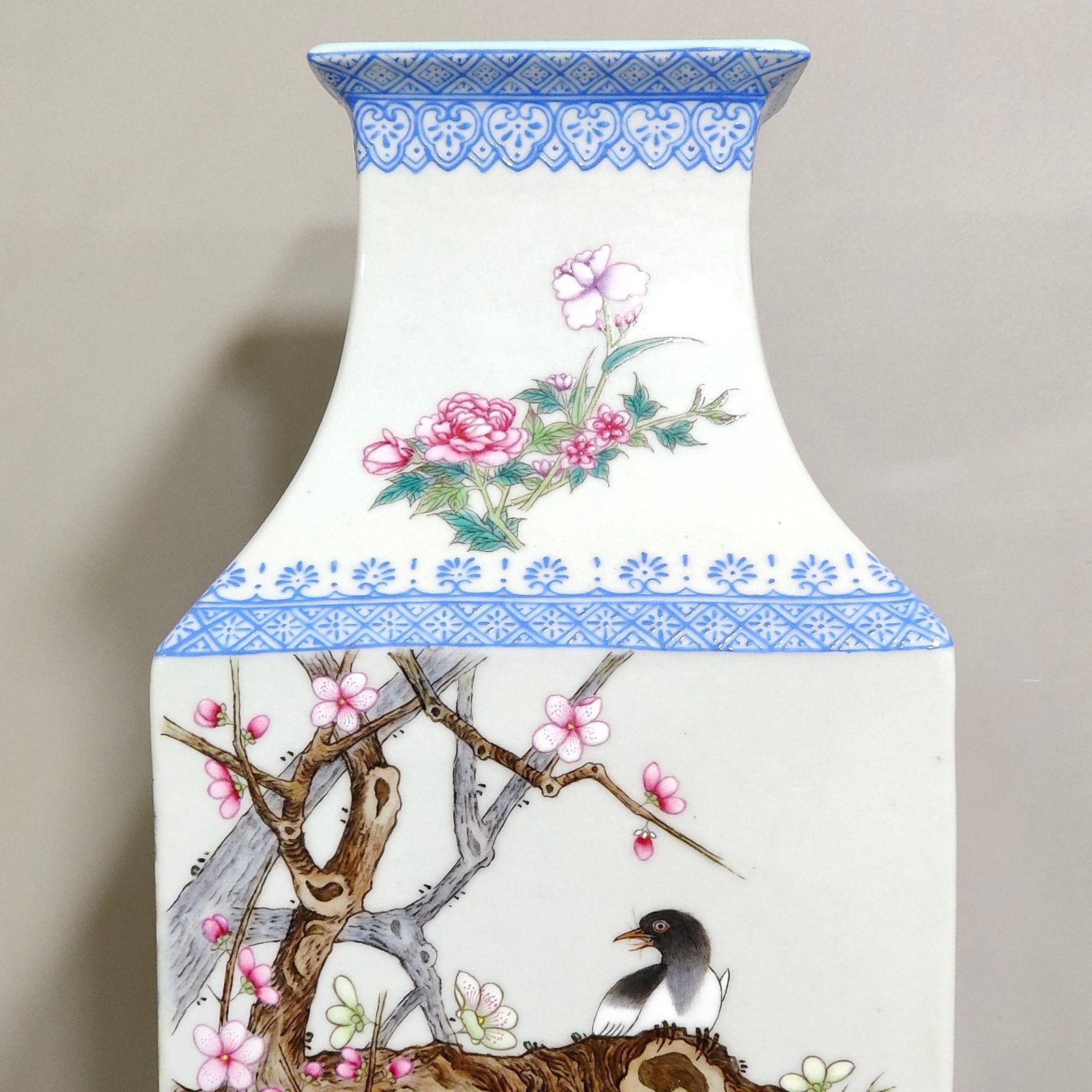 Qing Dynasty Yongzheng Four Seasons Flowers and Birds Square Vase with Green Edge