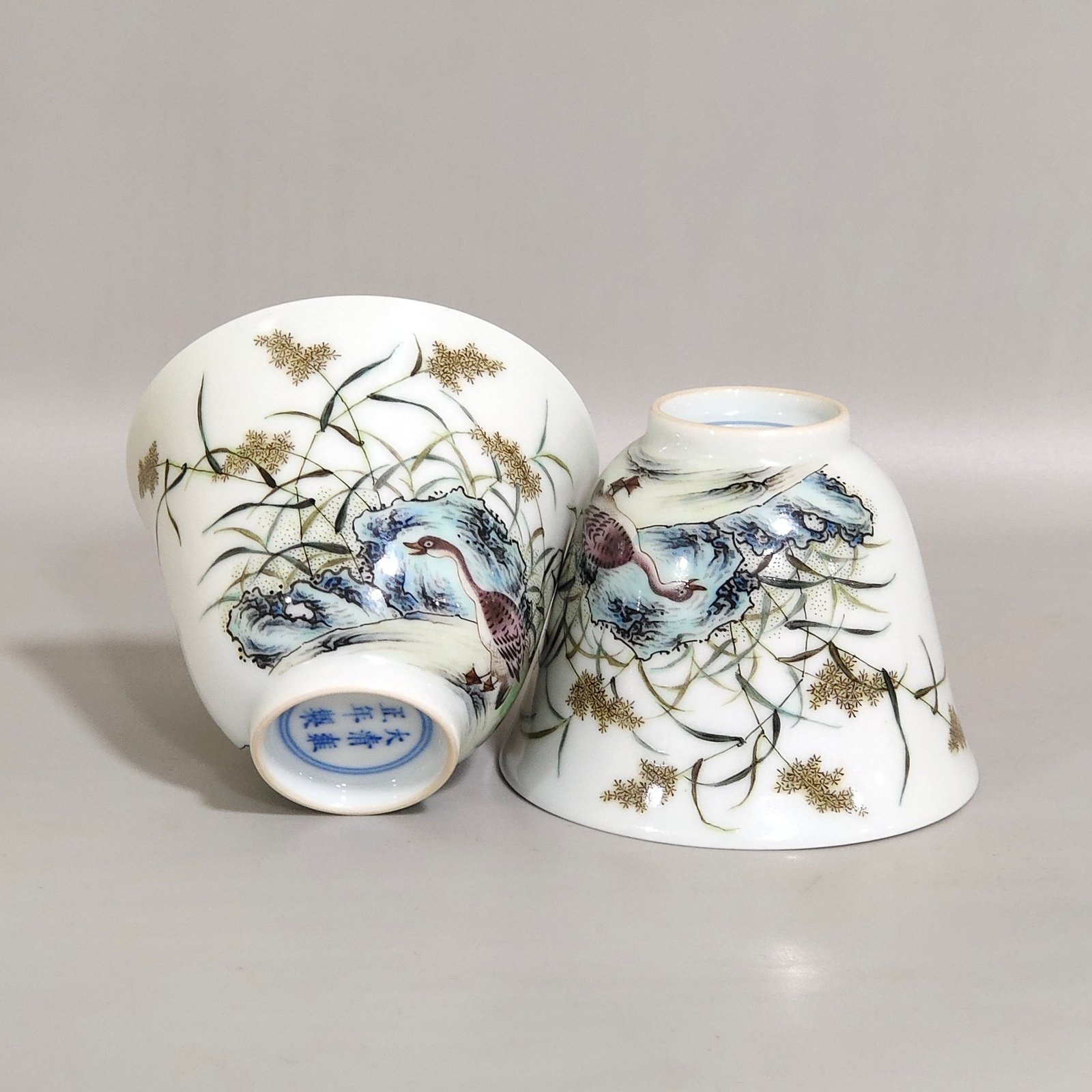 Qing Dynasty Yongzheng ink color reed and wild goose cup