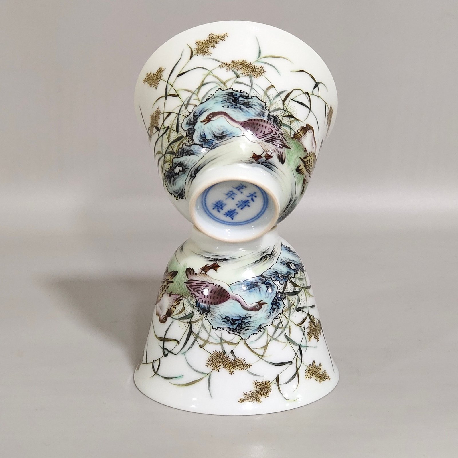Qing Dynasty Yongzheng ink color reed and wild goose cup