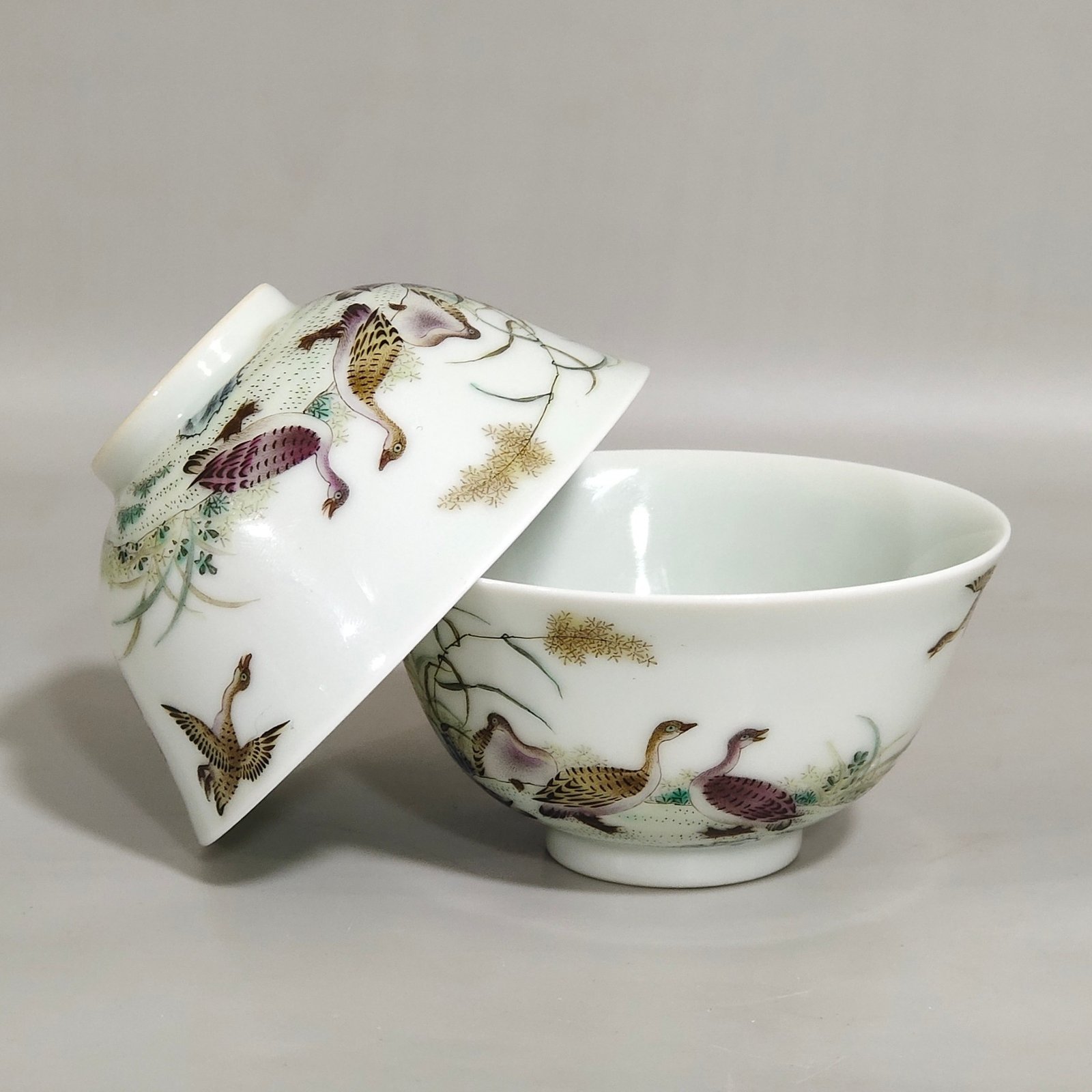 Qing Dynasty Yongzheng ink color reed and wild goose cup with poem inscription