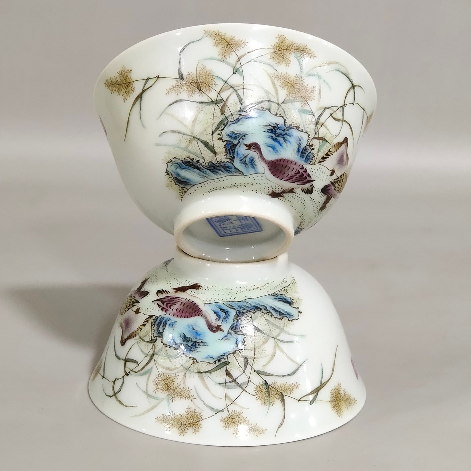 Qing Dynasty Yongzheng ink color reed and wild goose cup with poem inscription