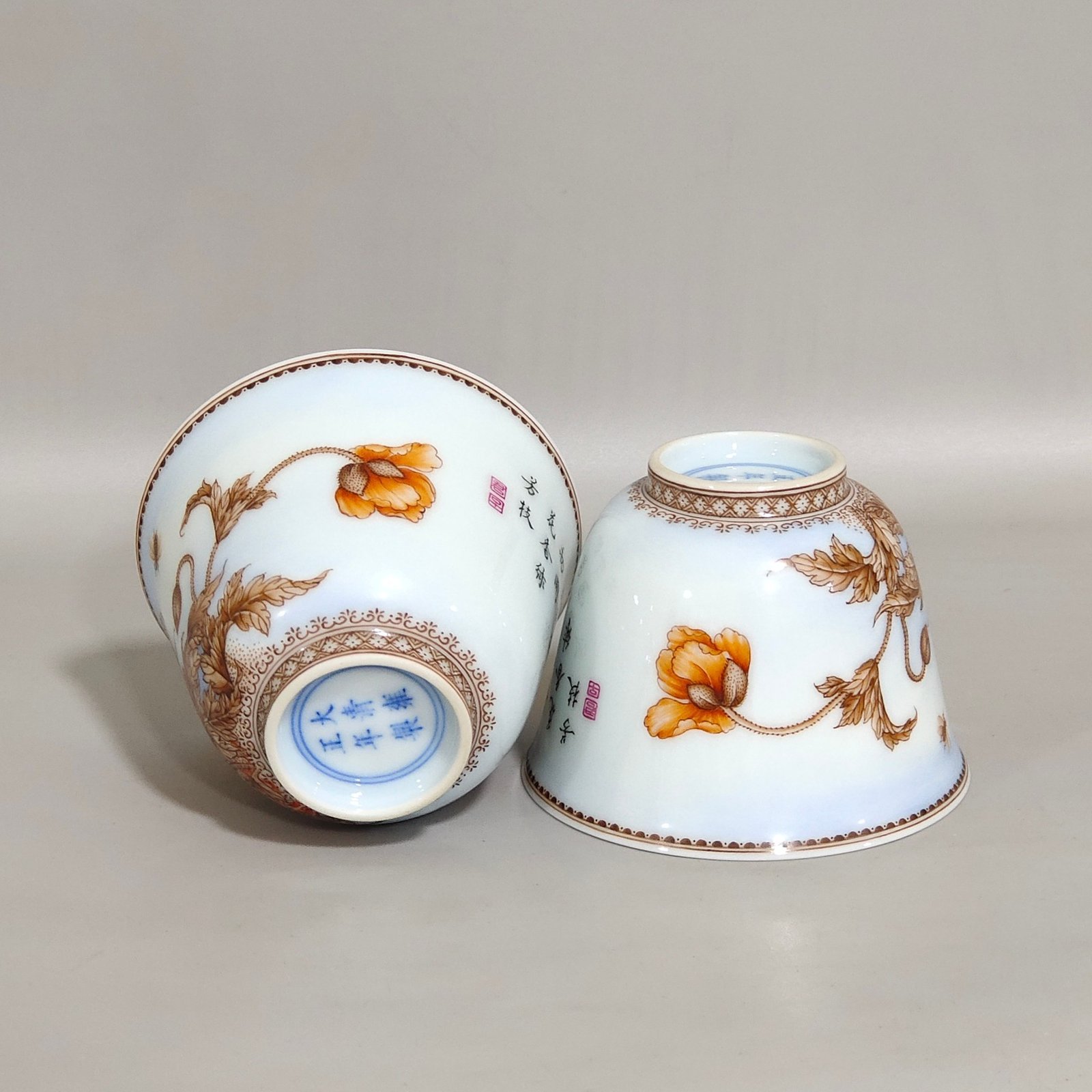 Qing Dynasty Yongzheng ink color poppy cup with poems
