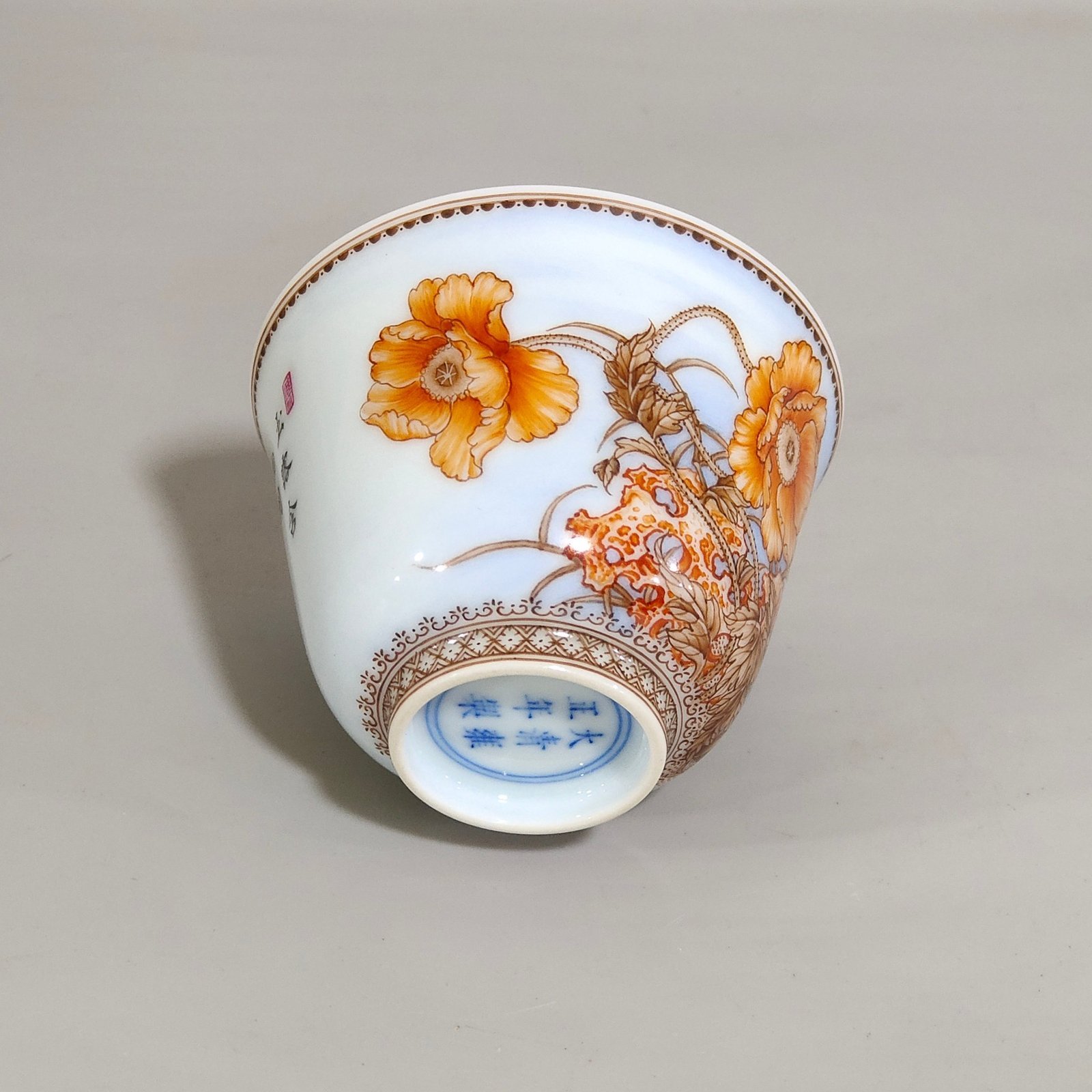 Qing Dynasty Yongzheng ink color poppy cup with poems