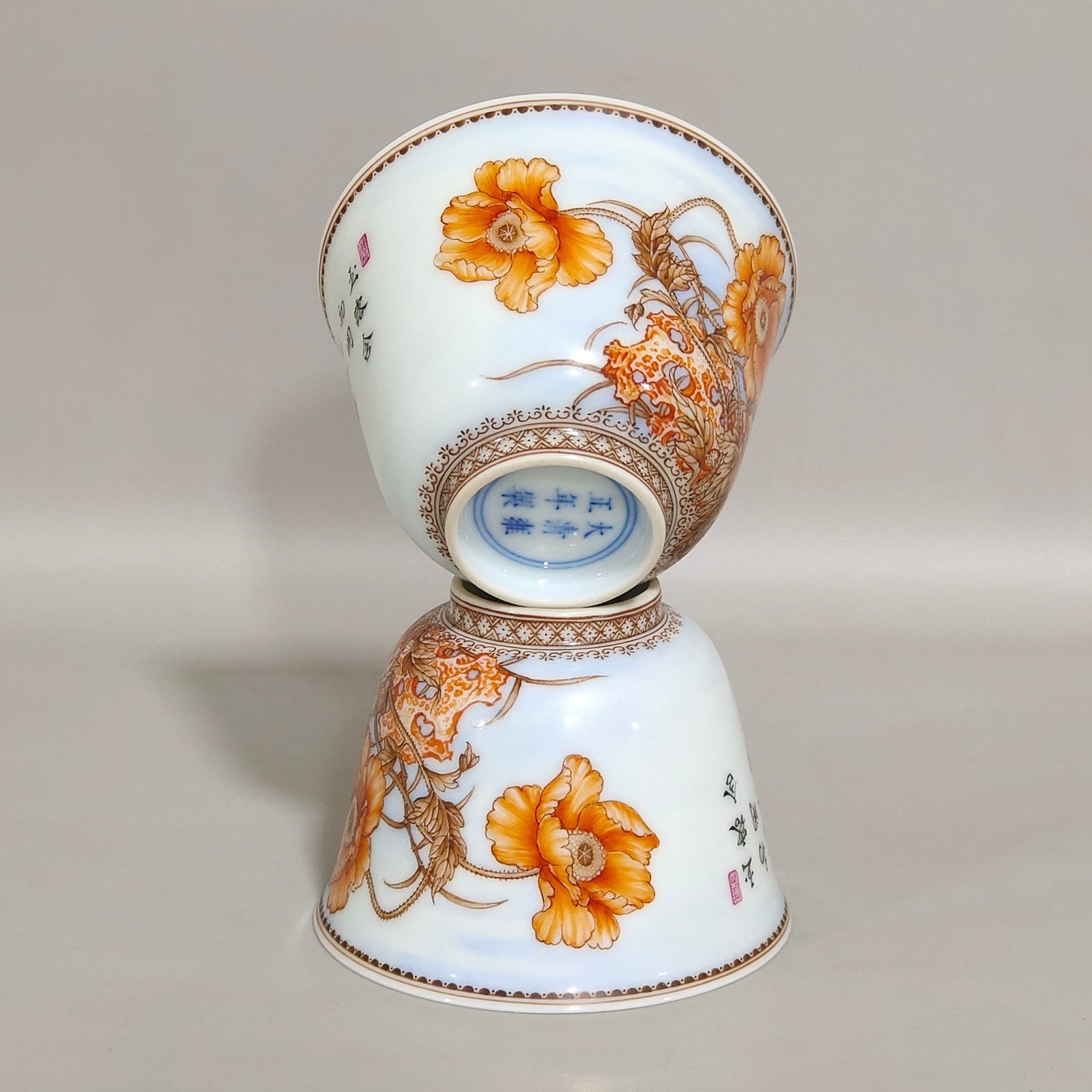 Qing Dynasty Yongzheng ink color poppy cup with poems