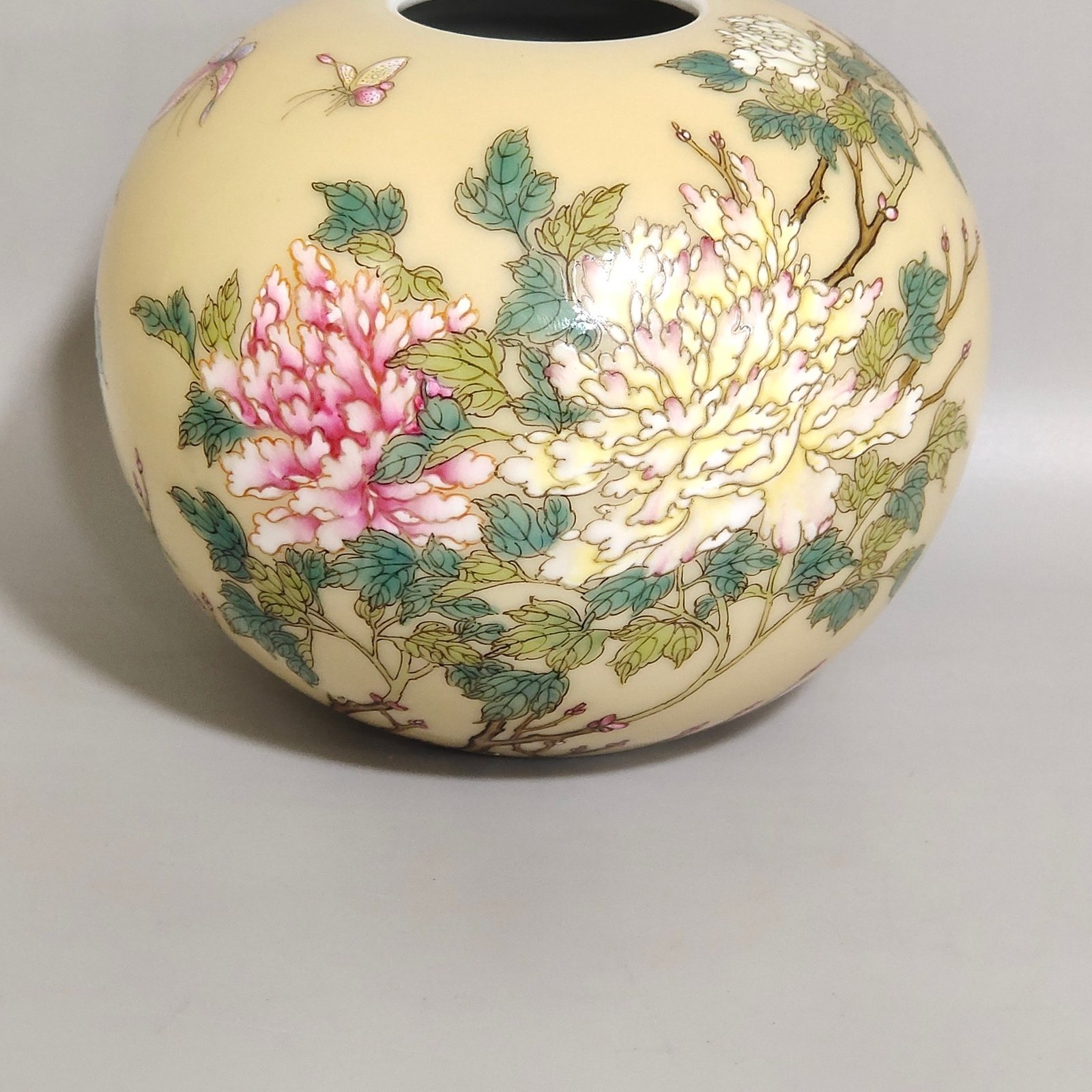 Qing Dynasty Yongzheng Beige-glazed peony butterfly bowl