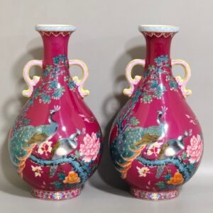 Qing Dynasty Yongzheng A rouge-red peacock with double-eared jade vase