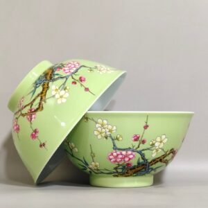 Qing Dynasty Yongzheng apple green glazed plum and bamboo double bowl