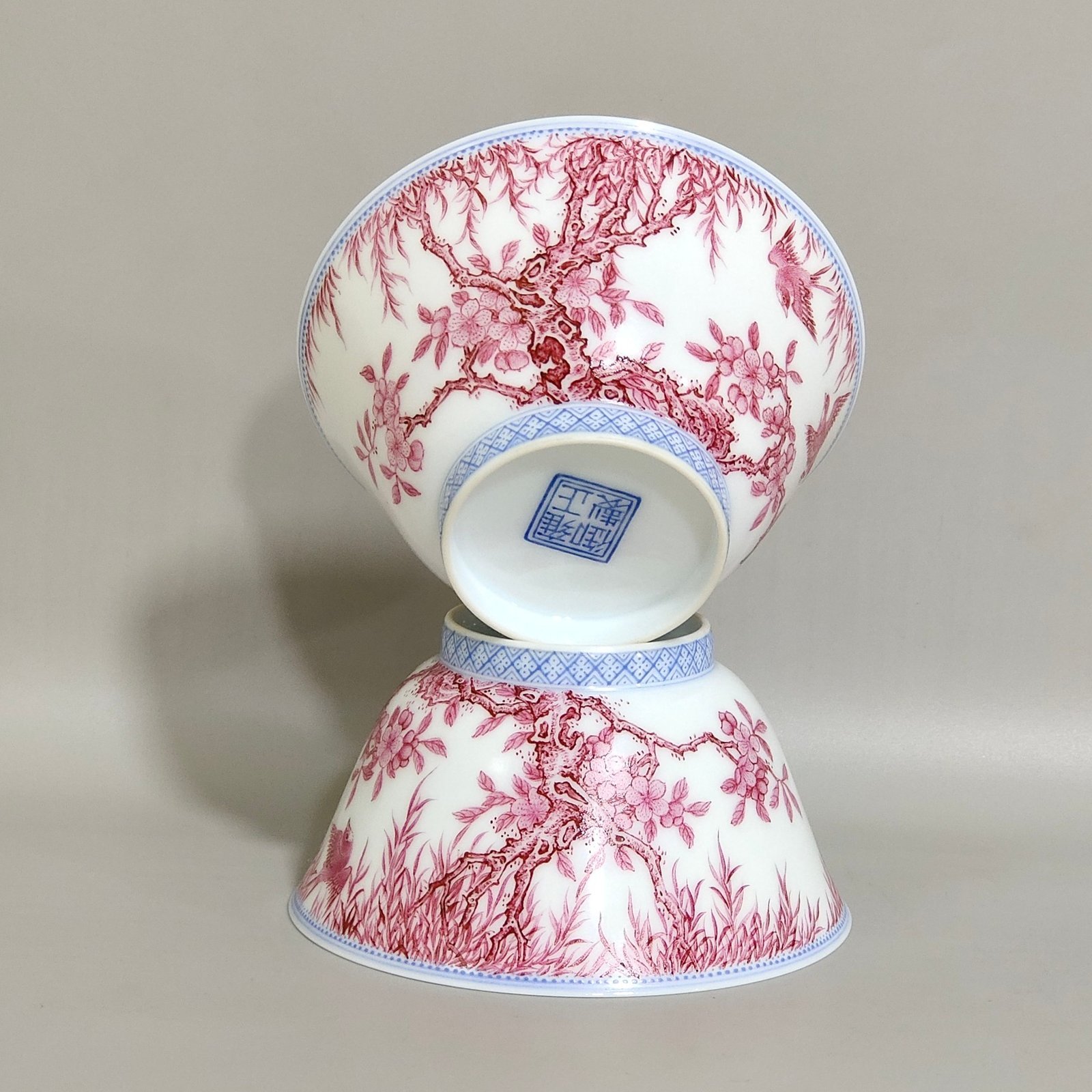 Qing Dynasty Yongzheng A rouge-red green-edged apricot-lined spring swallow-inscribed thin cup