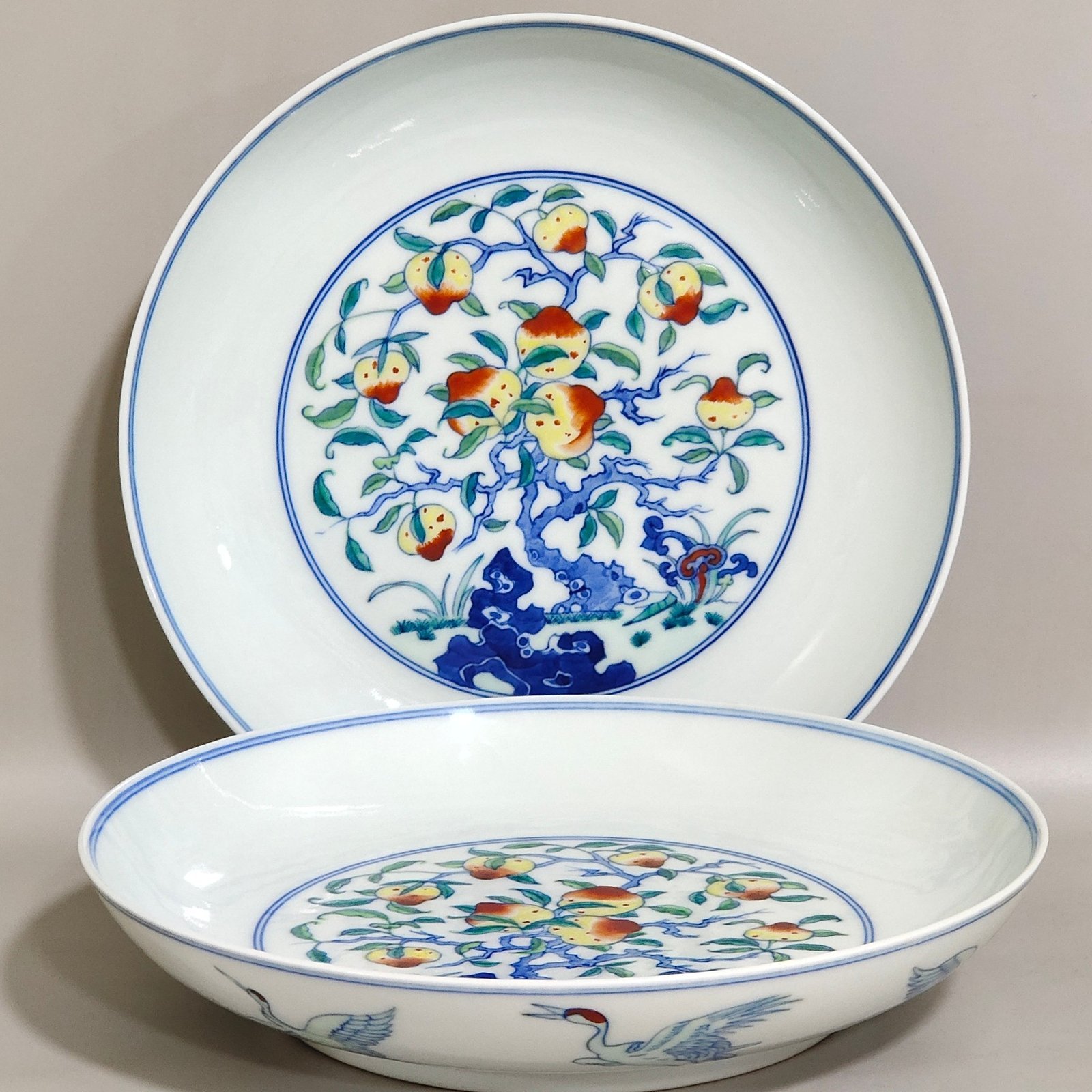 Qing Dynasty Yongzheng Doucai Crane and Longevity Peach Plate