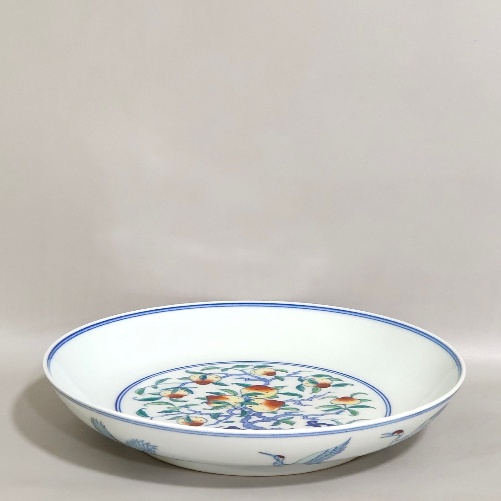 Qing Dynasty Yongzheng Doucai Crane and Longevity Peach Plate