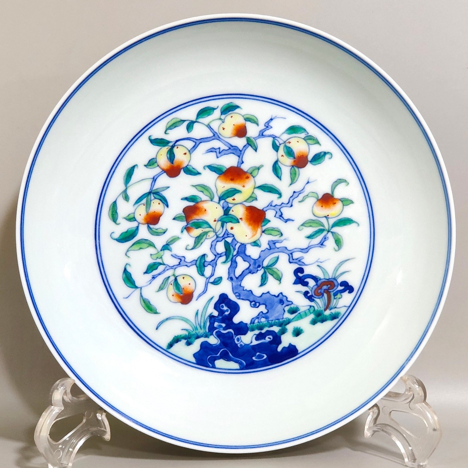 Qing Dynasty Yongzheng Doucai Crane and Longevity Peach Plate