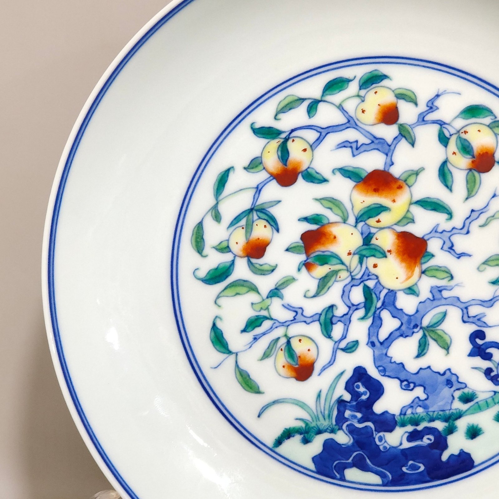 Qing Dynasty Yongzheng Doucai Crane and Longevity Peach Plate