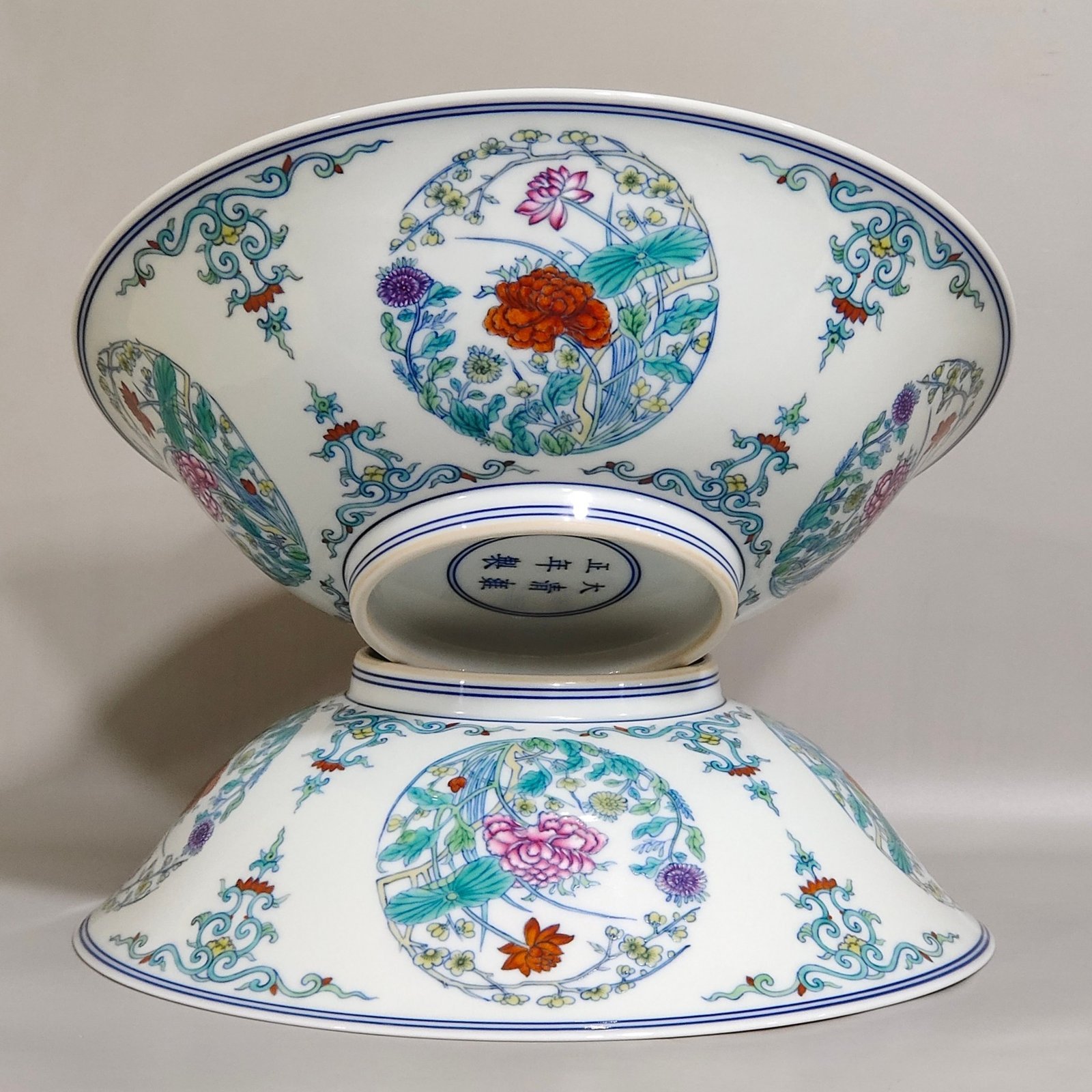 Qing Dynasty Yongzheng Doucai Tuanhua four-season flower bamboo hat bowl