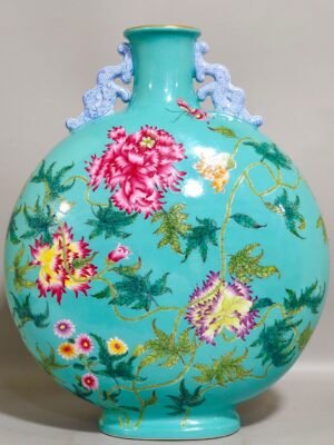 Qing Dynasty Yongzheng turquoise green poppy poem inscribed moon vase