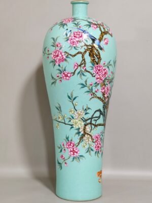Qing Dynasty Yongzheng turquoise green glaze rolled plum vase with poems about flowers and birds