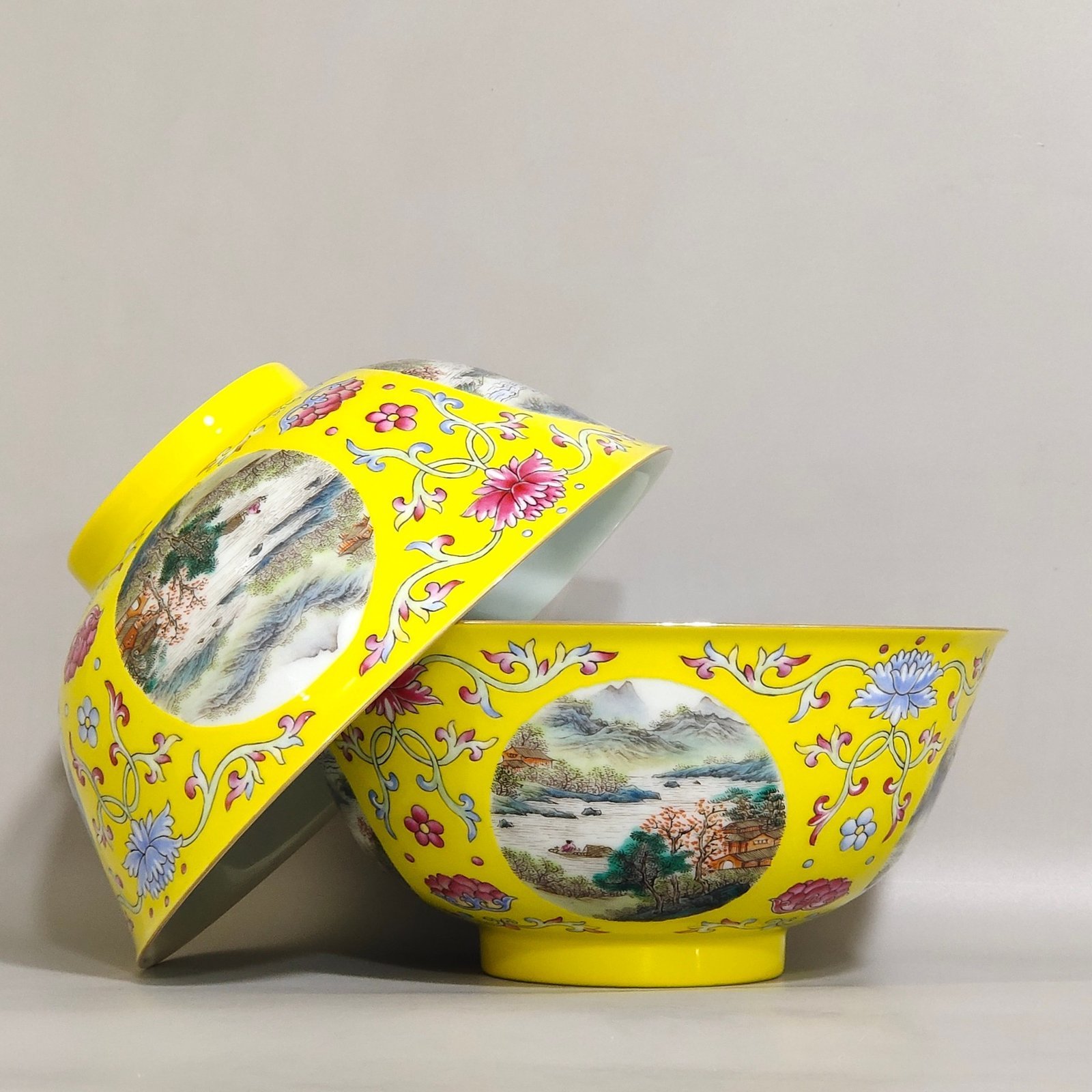 Qing Dynasty Yongzheng lemon yellow glaze flower window four seasons spring bowl